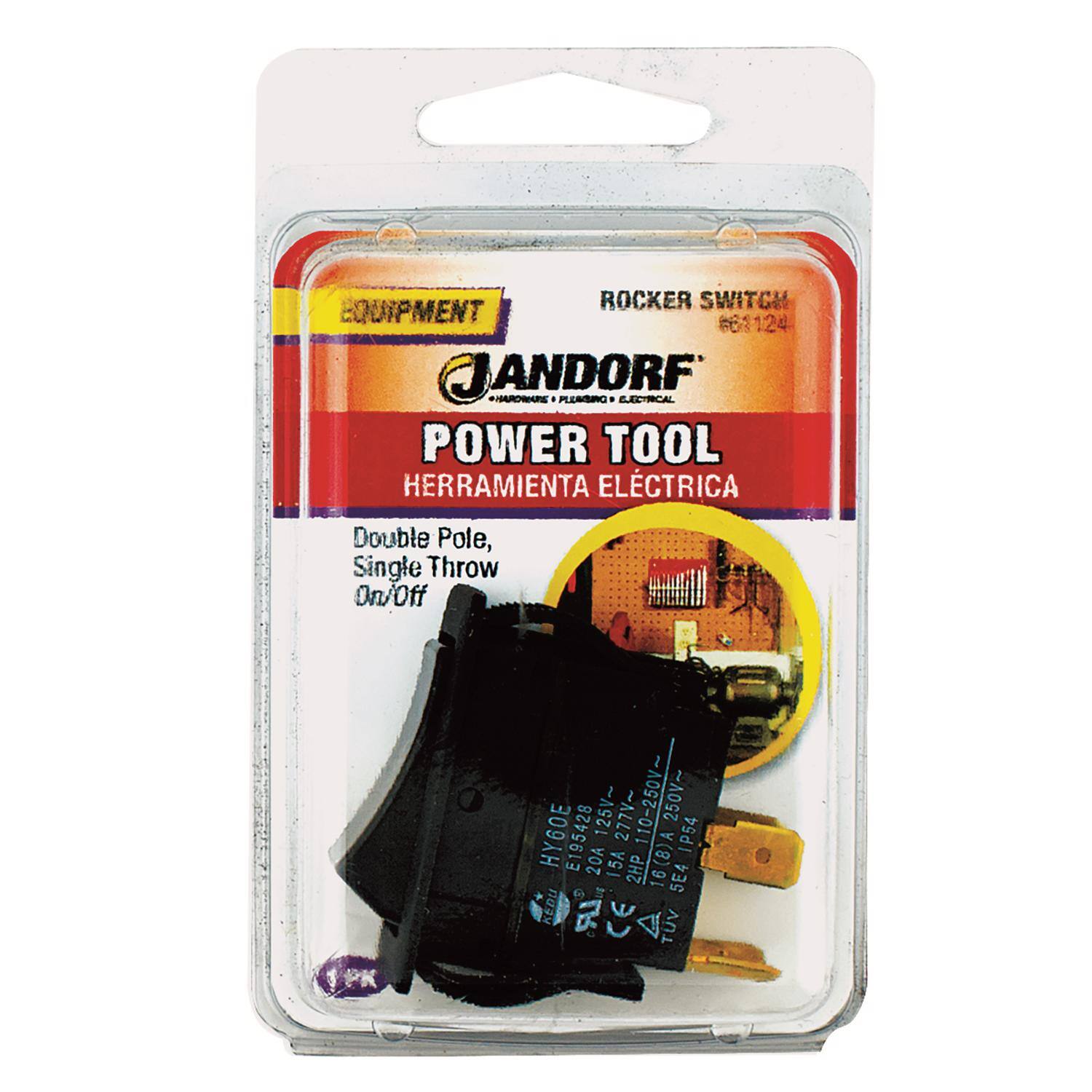 ROCKER SWITCH EQUIPMENT #61124  
JANDORF - ROARE  
FLOMRC  
ELECTRICAL POWER TOOL  
HERRAMIENTA ELÉCTRICA  
Double Pole, Single Throw On/Off  
125V~ 277V- 250V~  
HY60E E195428  
IP54  
20A 15A 2HP  
16(8)A  
5E4  
KEDU LR  
CE  
TUV
