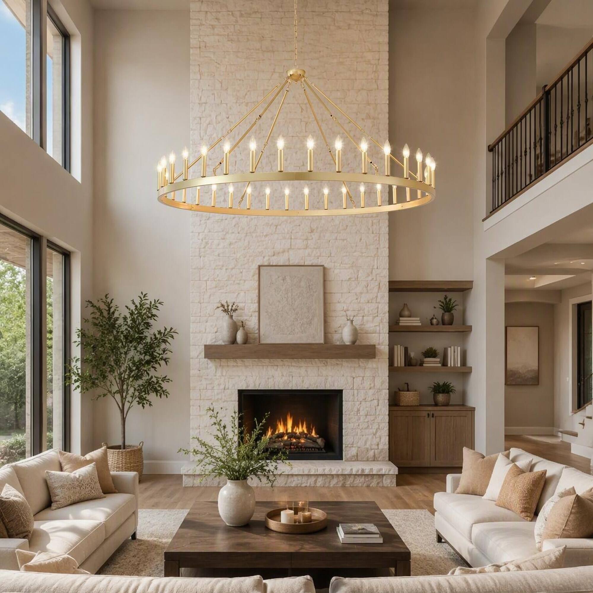 Angle. RYHNUYNE - 36-Light Extra Large Gold Wagon Wheel Chandelier for High Ceilings, Rustic Farmhouse Round Pendant Light for Dining Room.
