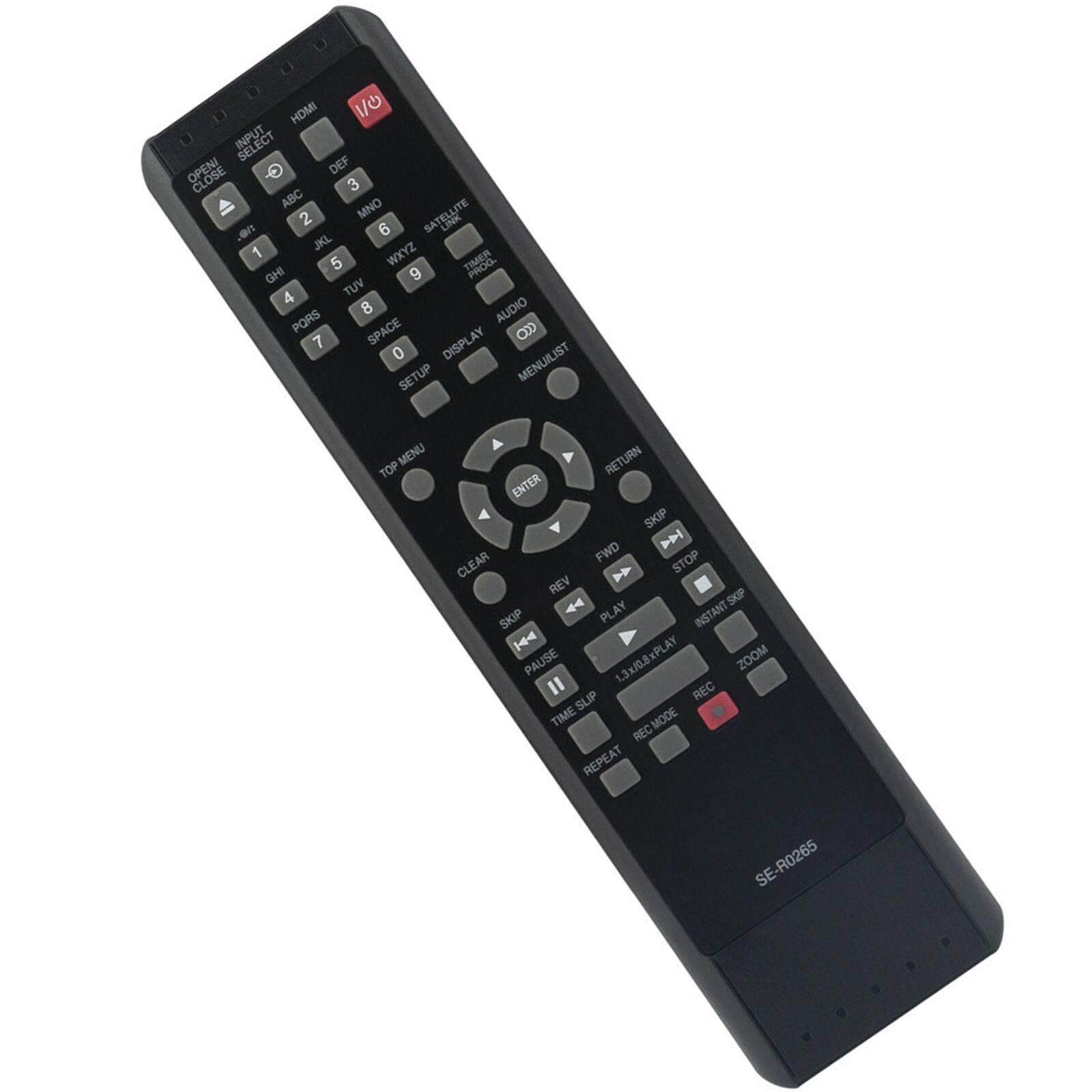 Sure, here is the corrected and grouped text from the image:

---

**Top Section:**
- IR UNIT SELECT
- HDMI 1/0
- INPUT
- OPENI
- CLOCK
- DEF
- 3
- ABC
- MNO
- 2
- 6
- SATELLITE LINK
- JKL
- 1
- WXYZ
- TIMER LIST
- 5
- IHO
- 9
- 4
- TUV
- 8
- AUDIO
- PQRS
- SPACE
- OE
- 7
- DISPLAY
- 0
- MENU/LIST
- SETUP
- MENU
- TOP MENU
- RETURN
- ENTER
- SKIP
- FWD
- STOP
- CLEAR
- 4
- REV
- 44
- SKIP
- SKIP
- PLAY
- INSTANT
- H4
- PAUSE
- 1.3x/0.8x PLAY
- ZOOM
- I REC
- SLIP
- TIME MODE
- REC
- REPEAT
- SE-R0265

**Bottom Section:**
- REC
- REPEAT
- TIME SLIP
- ZOOM
- 1.3x/0.8x PLAY
- PLAY
- STOP
- INSTANT SKIP
- FWD
- REV
- PAUSE
- CLEAR
- SKIP
- ENTER
- RETURN
- MENU
- DISPLAY
- SETUP
- SPACE
- AUDIO
- SATELLITE LINK
- TIMER LIST
- OPENI
- CLOCK
- DEF
- 3
- ABC
- MNO
- 2
- 6
- JKL
- 1
- WXYZ
- 5
- IHO
- 9
- 4
- TUV
- 8
- PQRS
- OE
- 7
- 0
- SE-R0265

---