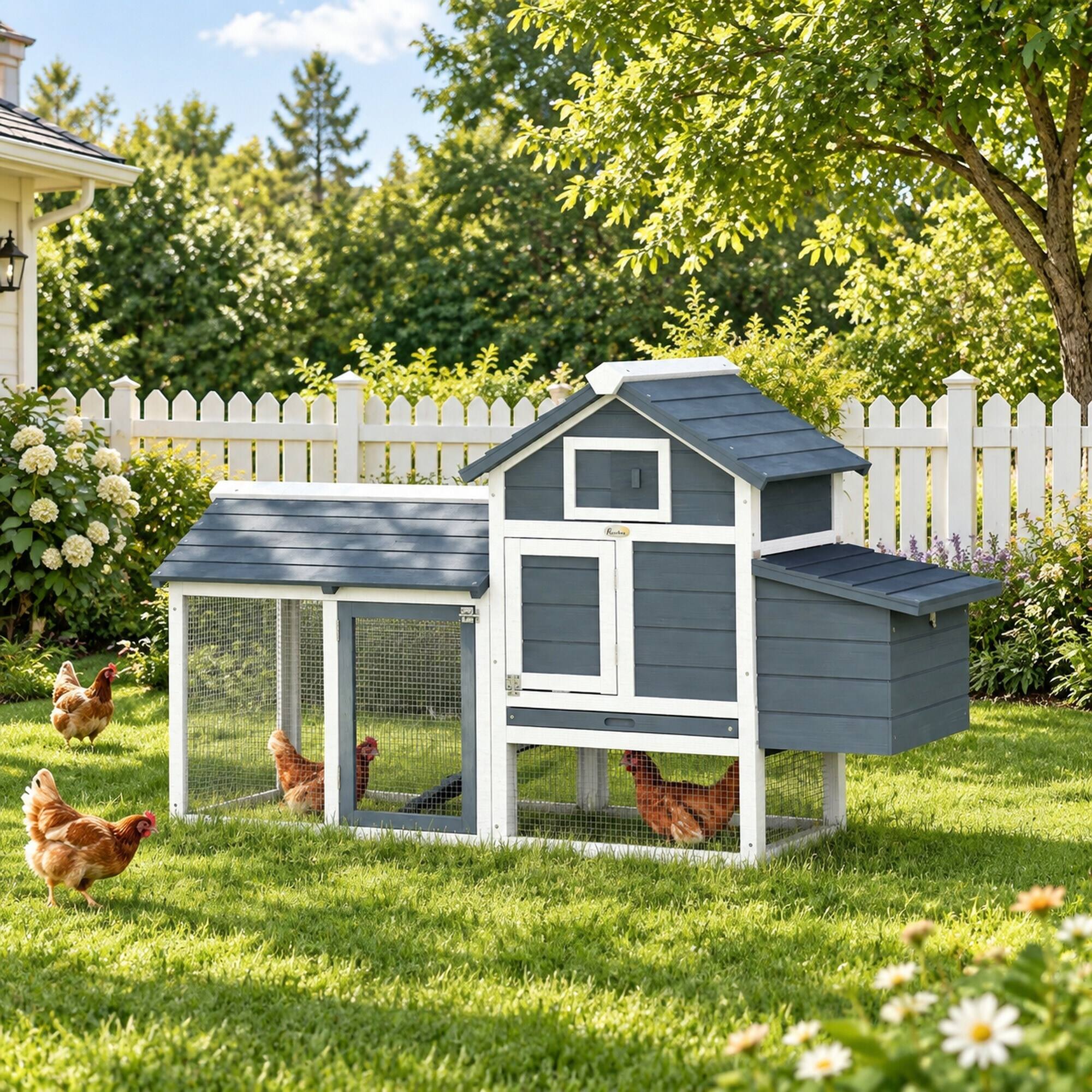Alt View 2. RYHNUYNE - 59 in Wooden Chicken Coop, Fir Wood Hen House, Nesting Box, Removable Tray, White.