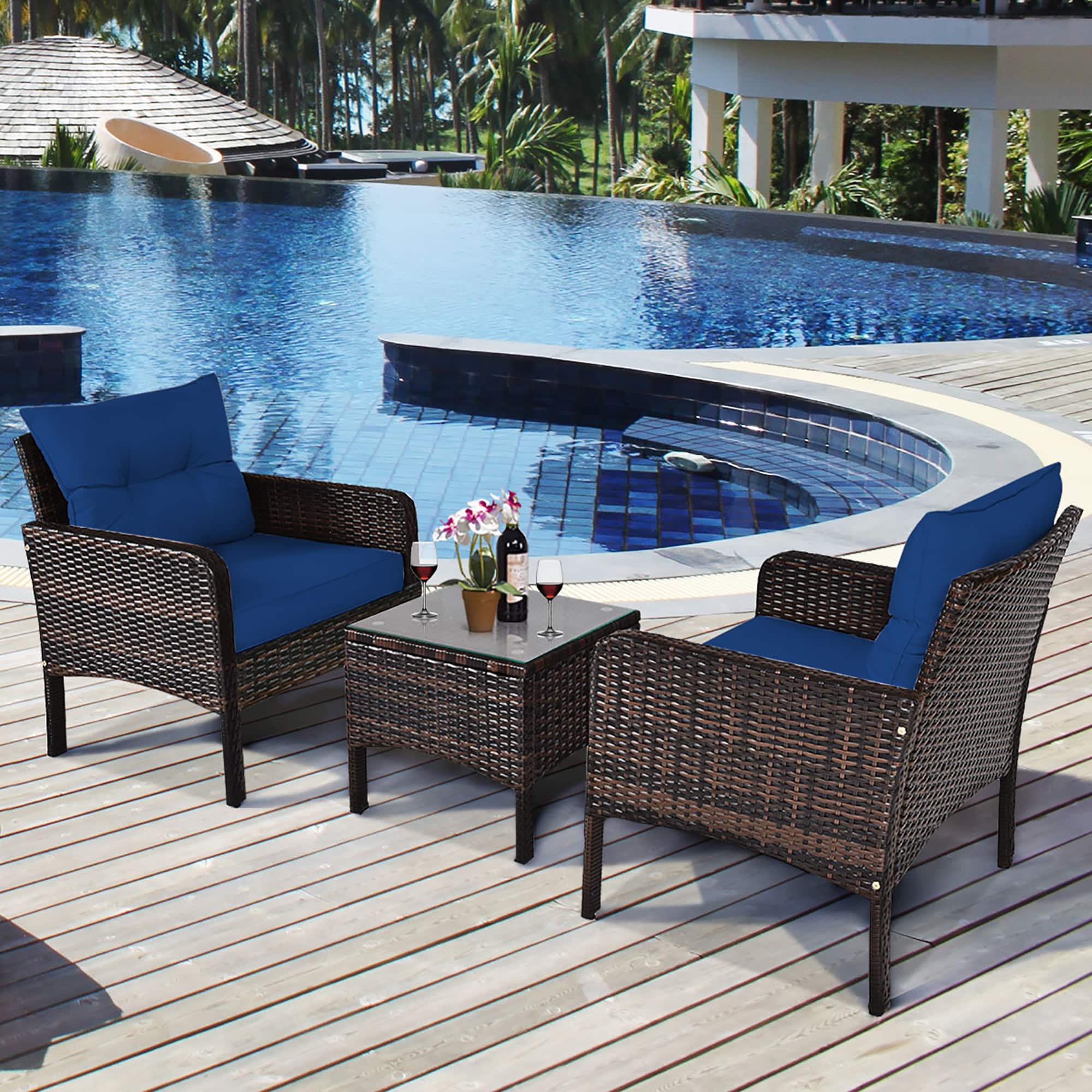Alt View 1. Costway - 3PCS Outdoor Rattan Conversation Set Patio Garden Cushioned Sofa Chair - Navy.