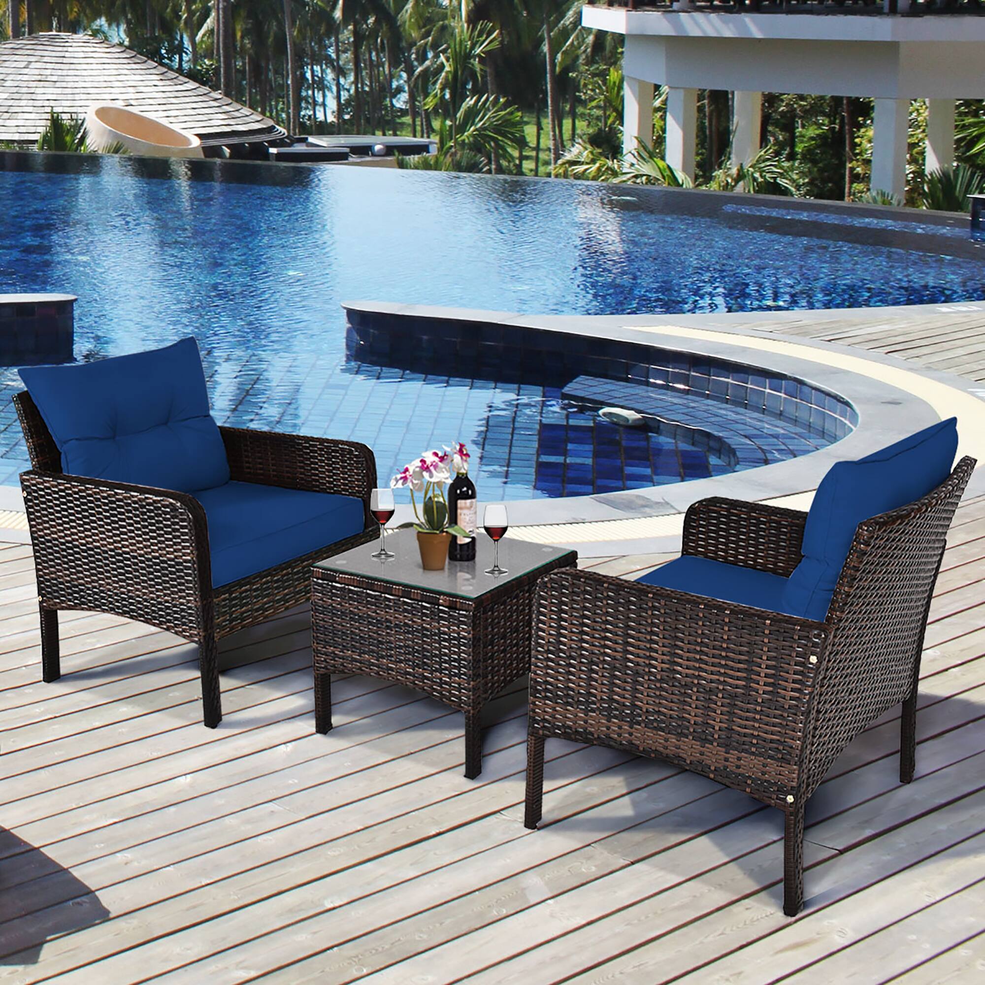 Alt View 1. Costway - 3PCS Outdoor Rattan Conversation Set Patio Garden Cushioned Sofa Chair - Navy.