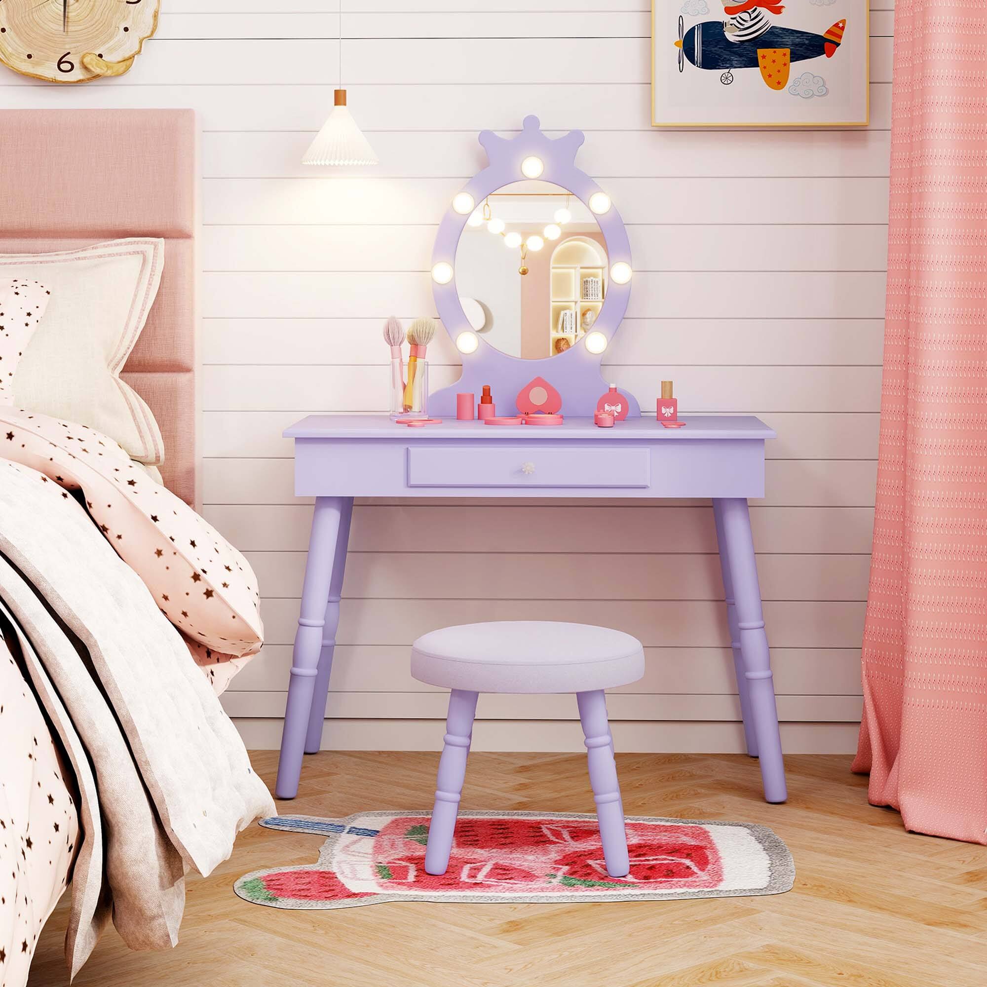 Alt View 3. Costway - Costway Kids Vanity Set Princess Vanity Table & Chair Set with Lighted Mirror - Purple.
