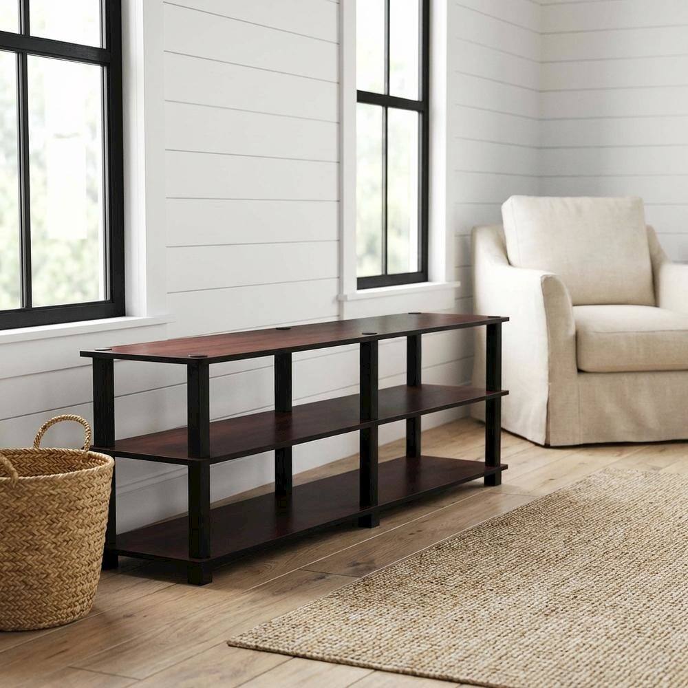 Alt View 1. FurniFact - Dark Cherry/Black TV Stand with 3 Tiers and Engineered Wood Storage - Brown Black.
