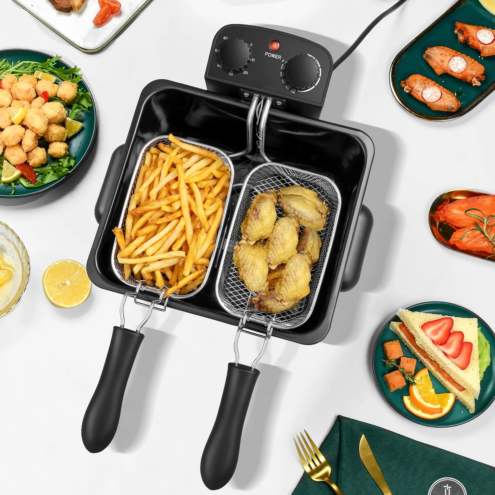 Left. WHALL - WHALL Deep Fryer with 3 Baskets,5 L/21 Cups Oil Capacity,Temperature Control,Stainless Steel,1700 W - Silver.