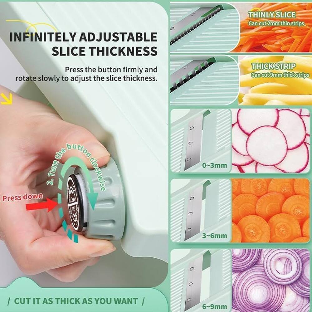 INFINITELY ADJUSTABLE SLICE THICKNESS

Press the button firmly and rotate slowly to adjust the slice thickness.

1. Turn the button clockwise.
2. Press down.

THINLY SLICE
Can cut 2mm thin strips

THICK STRIP
Can cut 9mm thick strips

0~3mm

3~6mm

6~9mm

/CUT IT AS THICK AS YOU WANT/