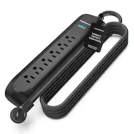 Monster - 6-Outlet Surge Protector Power Strip 300 Joules 120V/15A 15 ft Extension Cord with Right-Angle Plug, LED Indicators - Black