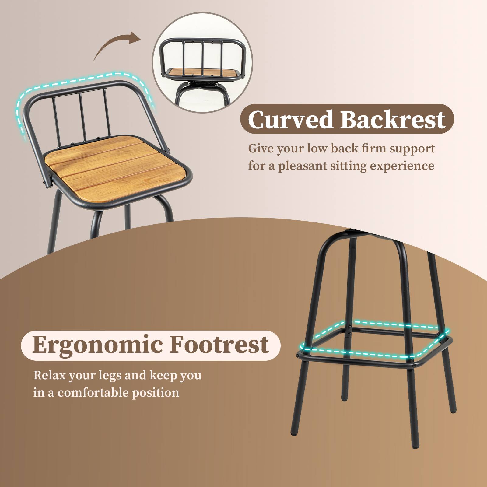 Curved Backrest: Give your low back firm support for a pleasant sitting experience. Ergonomic Footrest: Relax your legs and keep you in a comfortable position.