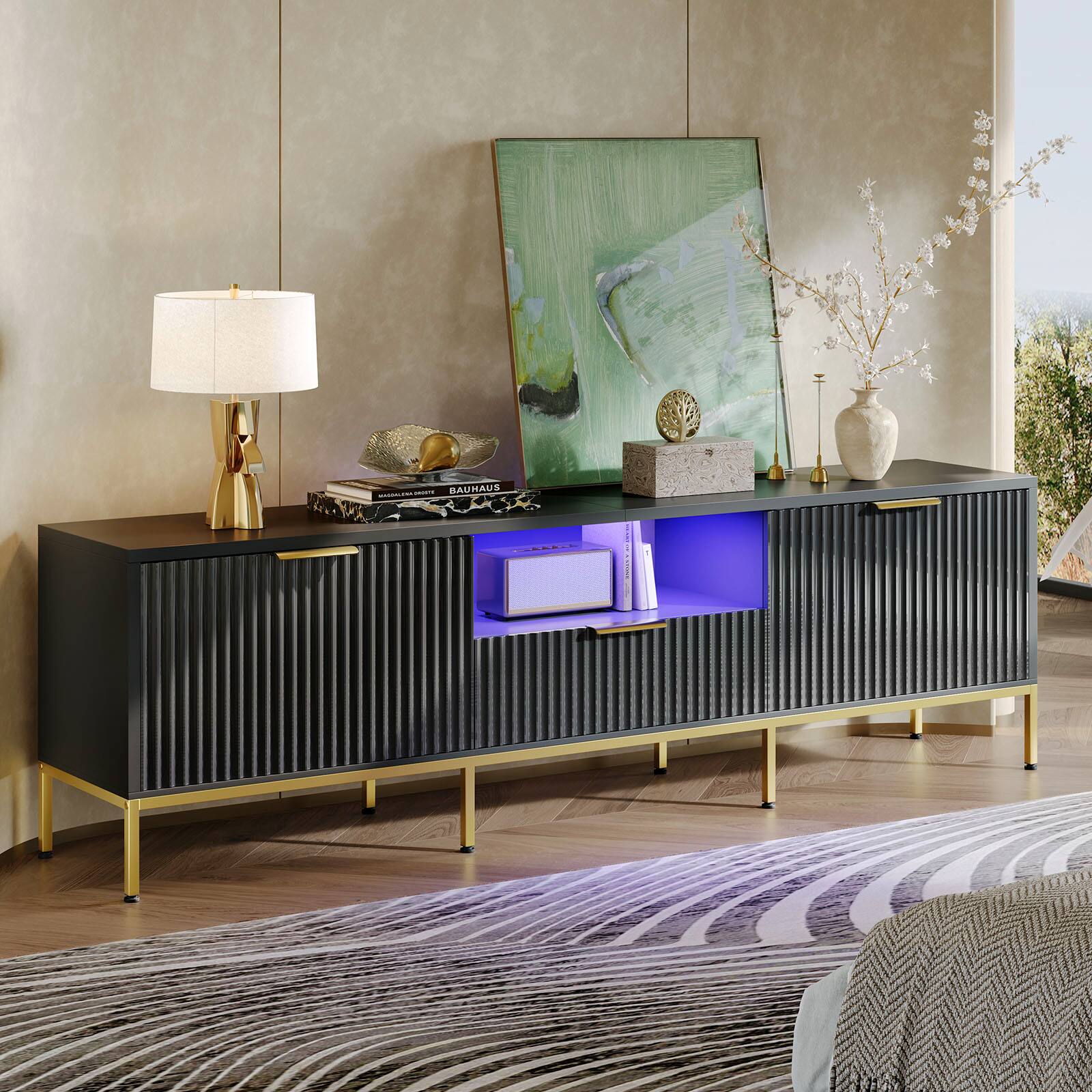 Back. Bestier - 70" Modern High-Gloss Fluted TV Stand Media Console with Drawers, for TVs up to 75 inches - Black.