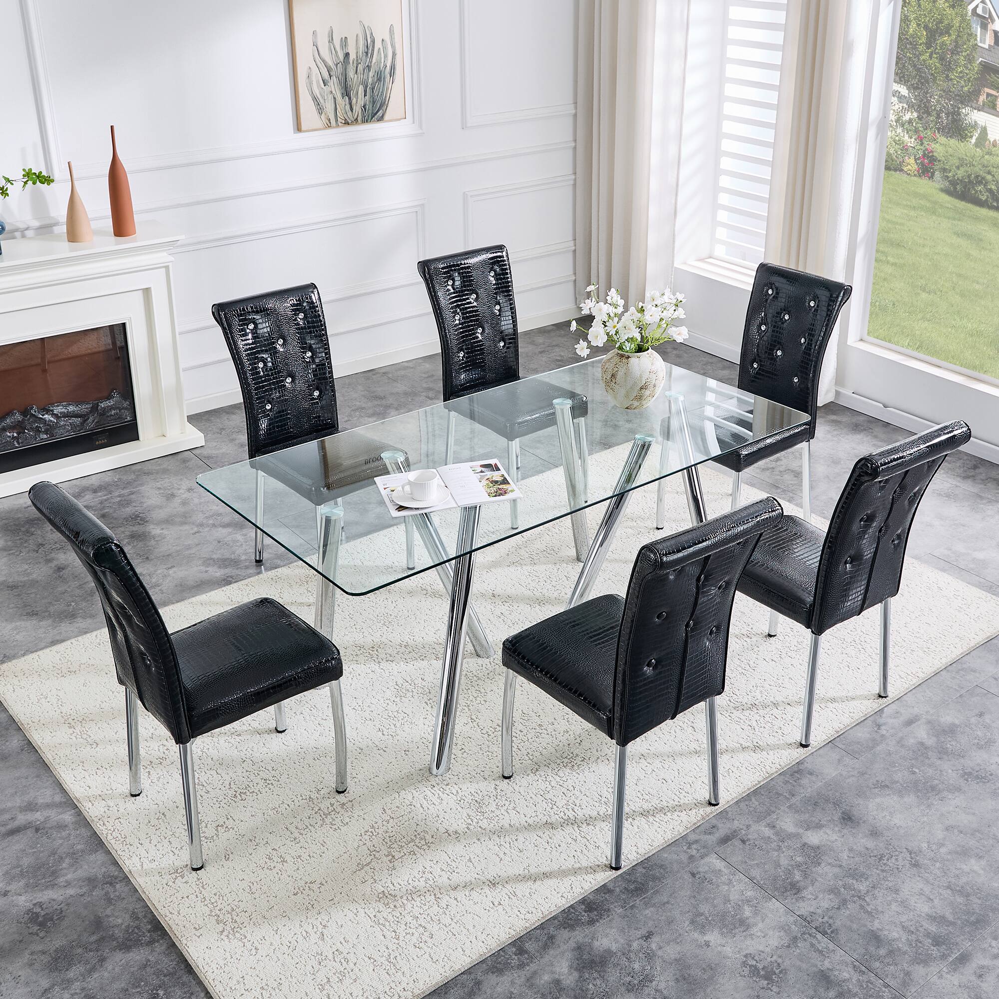Alt View 7. Loheer - Loheer- 5.9ft Modern Tempered Glass Dining Table Heavy Duty Metal Legs Rectangular Kitchen Furniture - White.
