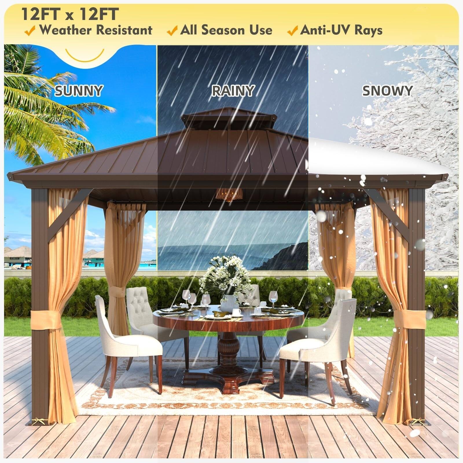 12FT x 12FT  
Weather Resistant  
All Season Use  
Anti-UV Rays  

SUNNY  
RAINY  
SNOWY