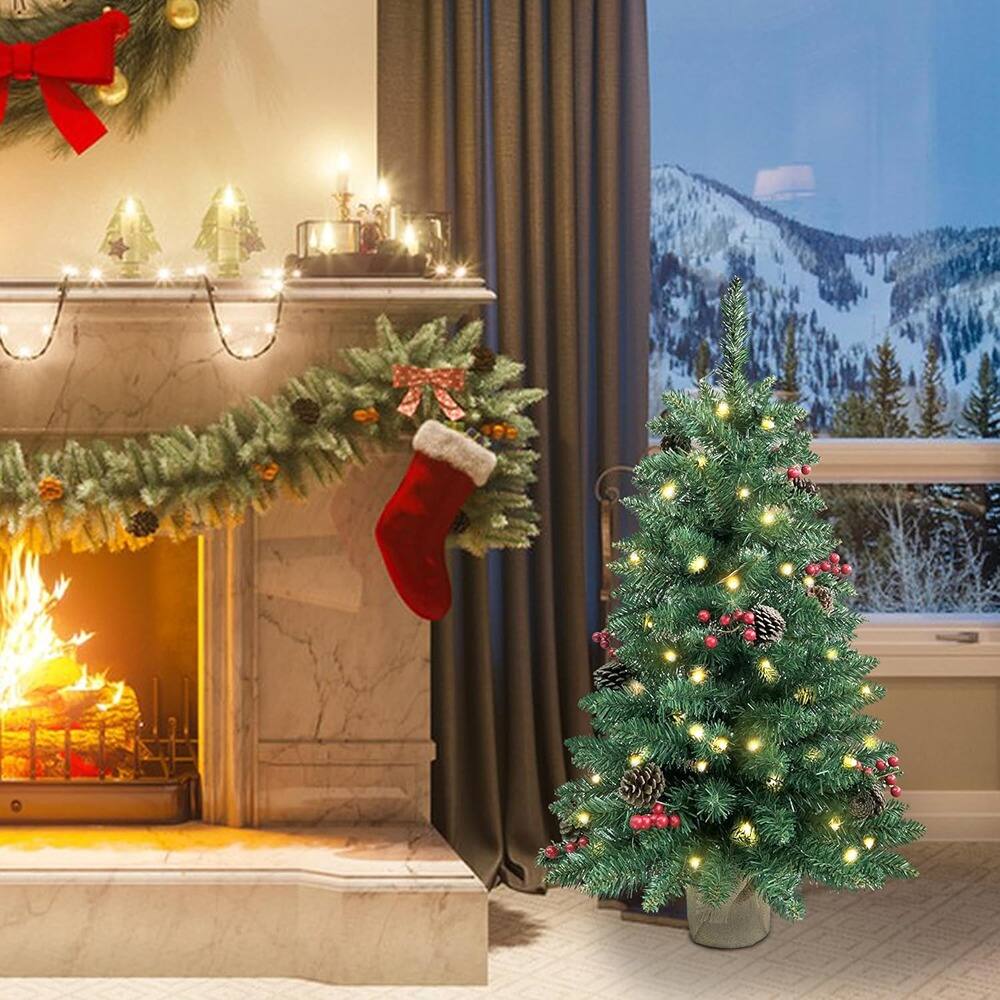 Back. RTMB - 3ft Pre-Lit Mini Christmas Tree with 121 PVC Branch Tips, Pine Cones, Red Berries, 70 LED Lights, Battery Operated - Warm White.