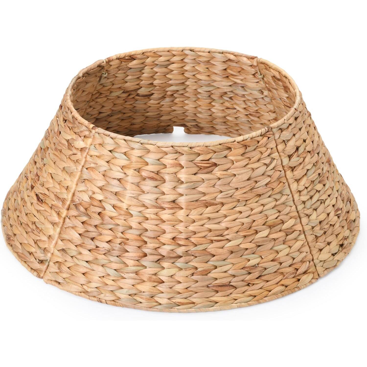 Front. Sweet - 24in Christmas Tree Collar for 4-7ft Trees, Woven Hyacinth Holiday Rattan Tree Skirt Accessory w/Cord Access Hole - Natural.