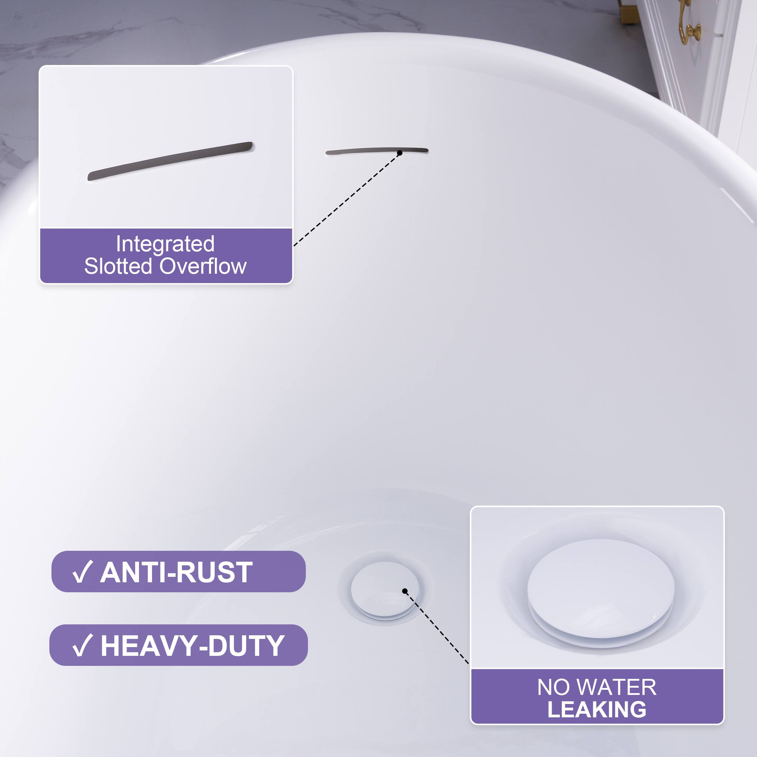 Integrated Slotted Overflow  
ANTI-RUST  
HEAVY-DUTY  
NO WATER LEAKING