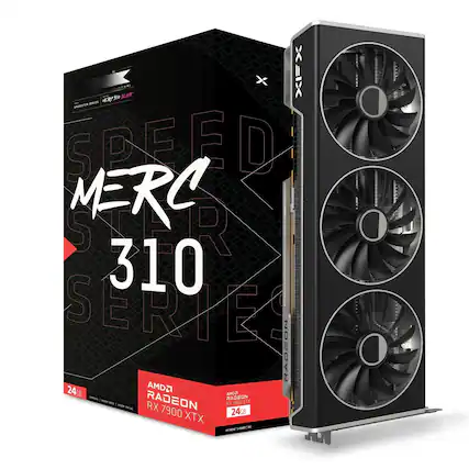 Sure, here is the corrected and grouped text from the image:
---
**Speed Merc 310 Series**
**AMD Radeon RX 7900 XTX**
**24GB**
**RADEON RX 7900 XTX**
**24GB**
---
This text is taken from the packaging and the graphics card itself.