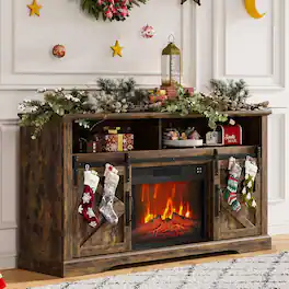 Qeetex - Farmhouse Electric Fireplace TV Stand Entertainment Center for Living Room, Brown