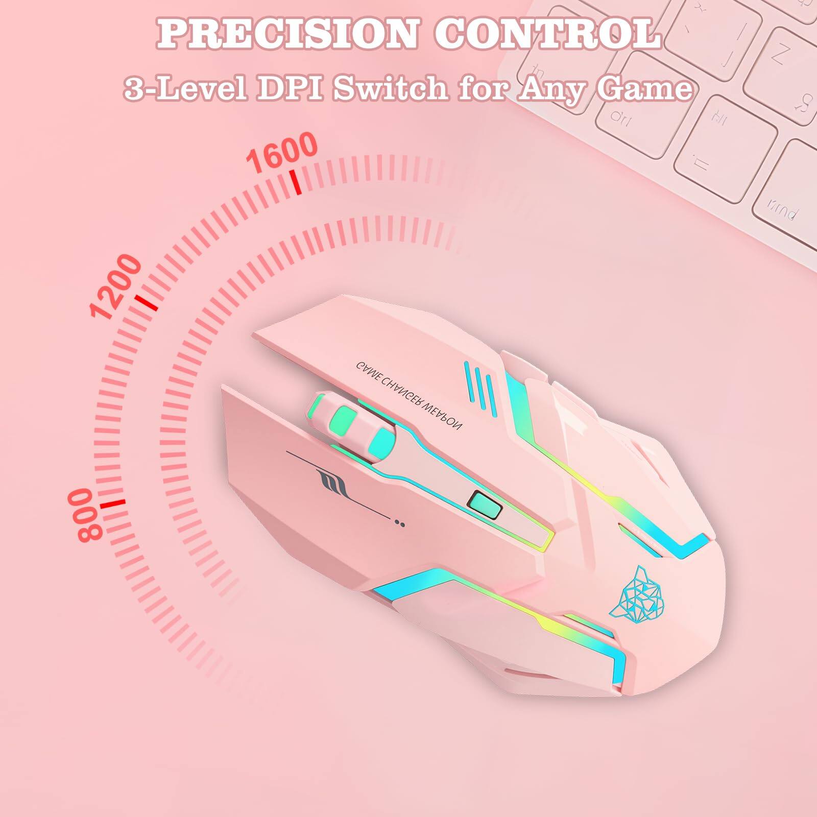 PRECISION CONTROL  
3-Level DPI Switch for Any Game  

1600  
1200  
800