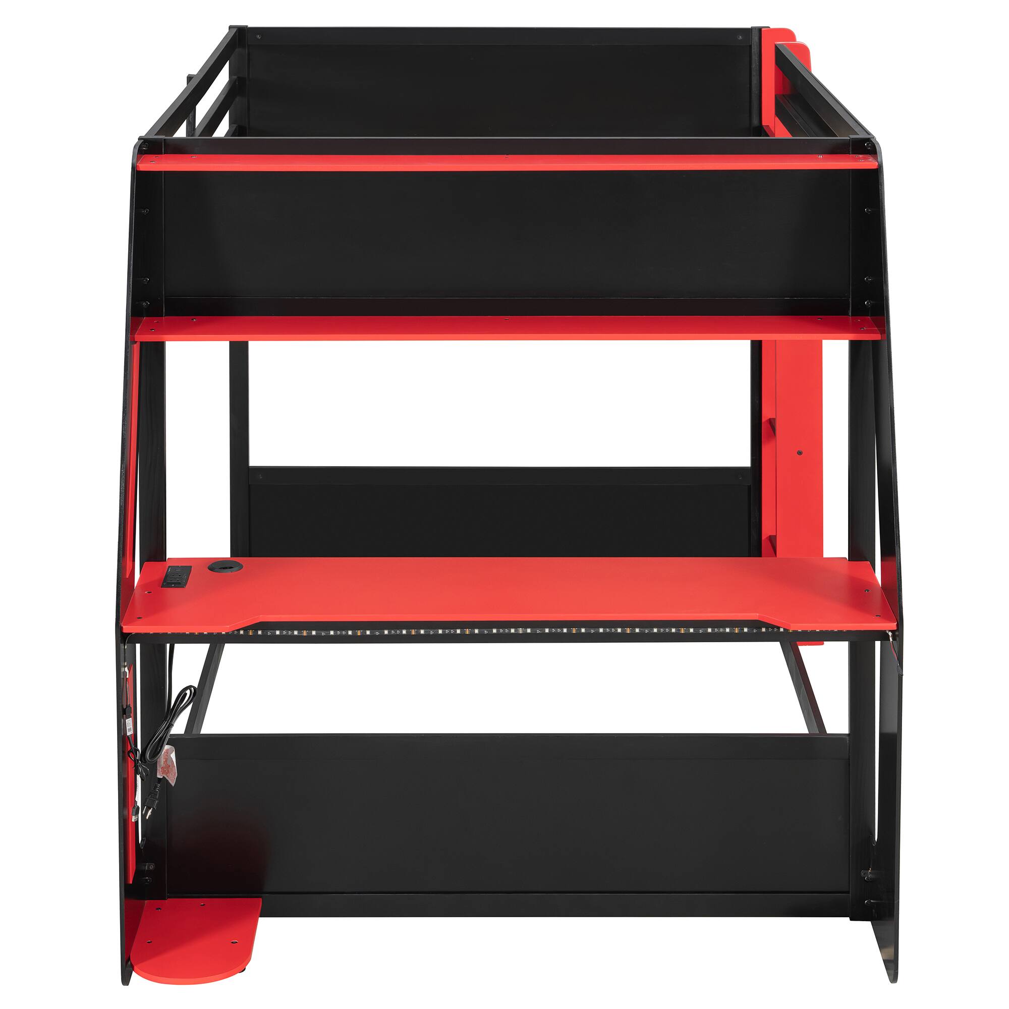 Back. Whisen - Full Size Gaming Bunk Bed with RGB Desk,USB Ports and Cable Management - Red.