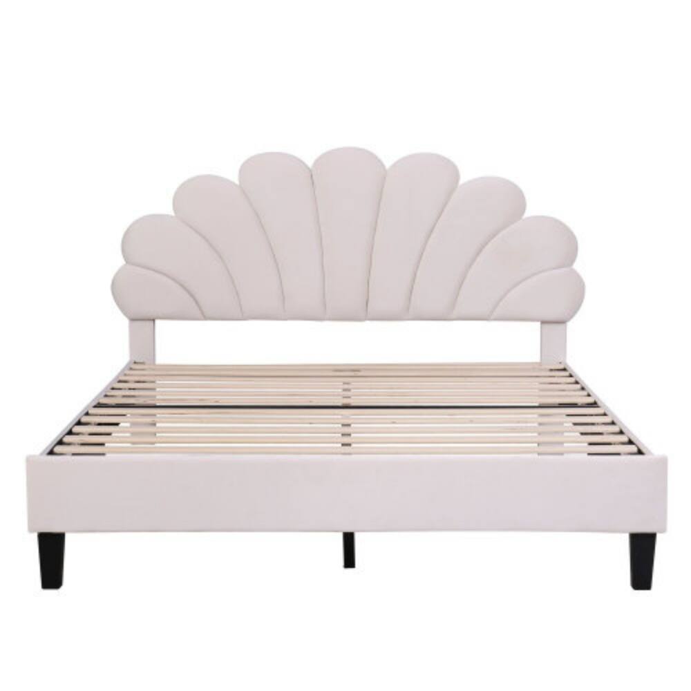 Left. LUCKY ONE - Queen Size Upholstered Platform Bed with Flower Pattern Velvet Headboard, Wood Slats, No Box Spring Needed - Beige.