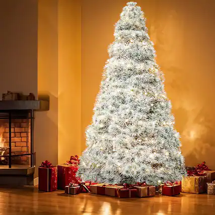 Front. Bestier - Snow Flocked Artificial Christmas Tree, Pre-lit Hinged Spruce Xmas Tree with Incandescent Lights, Sturdy Metal Stand - Flocking.