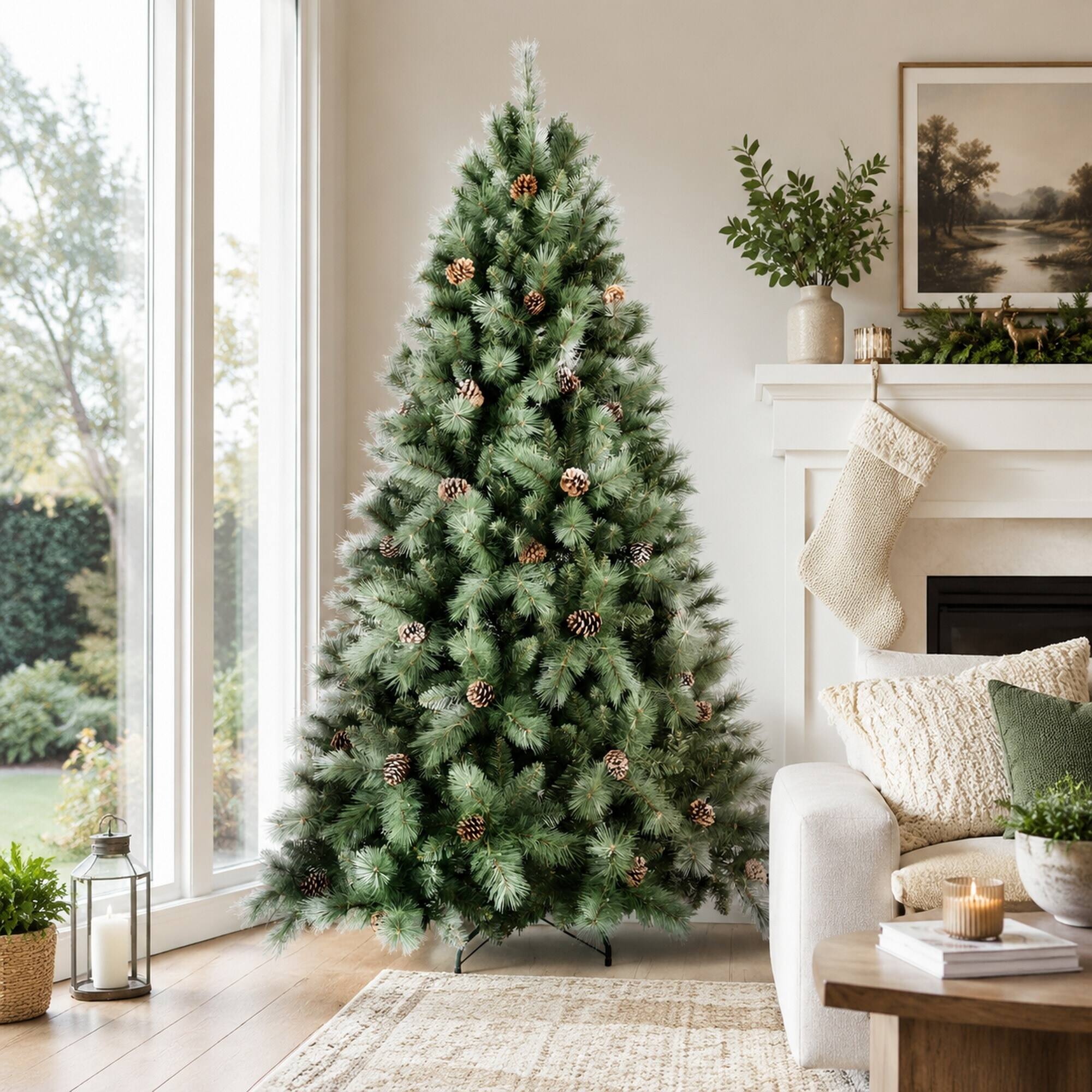 Back. RYHNUYNE - 7.5FT Christmas Tree With 92 Pine Cones, 1588 Mixed PVC Hard Needle Branches Hinged Structure Sturdy Metal Stand - Green.
