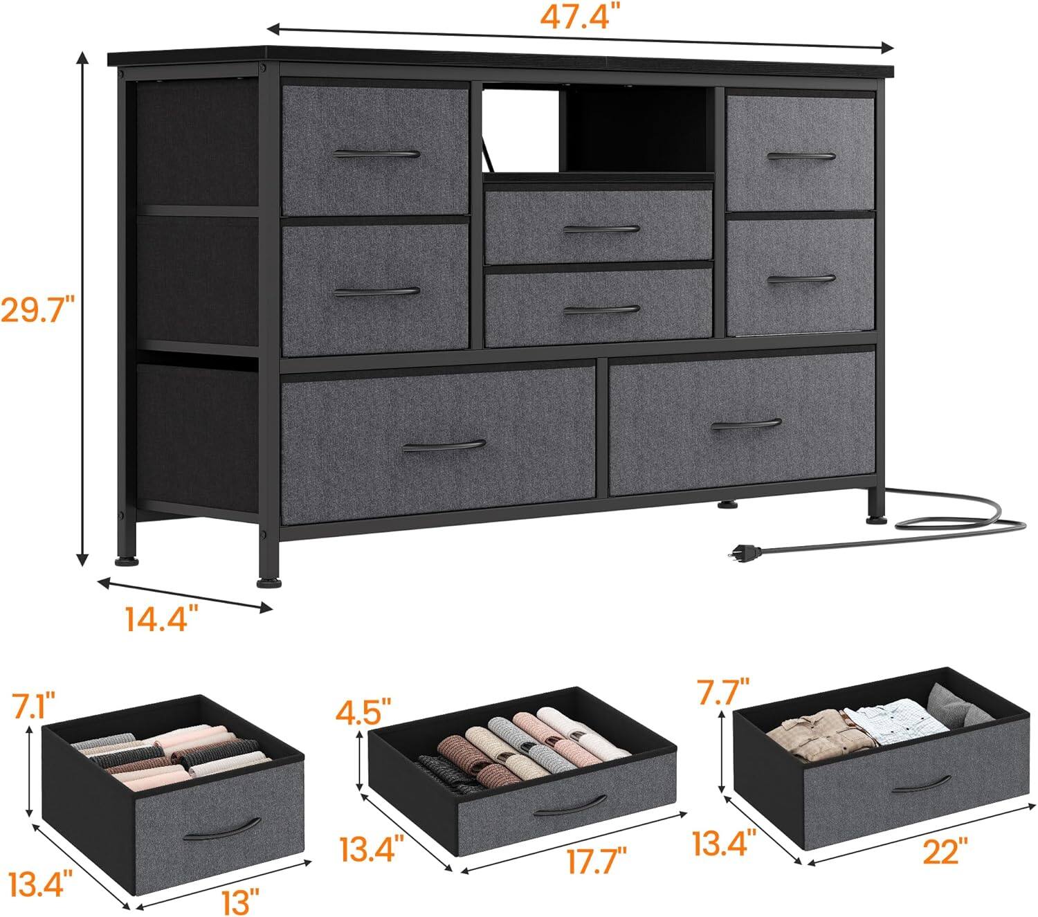 - Width: 47.4"
- Height: 29.7"
- Depth: 14.4"
- Drawer 1: 13.4" x 7.1" x 13"
- Drawer 2: 13.4" x 4.5" x 17.7"
- Drawer 3: 13.4" x 7.7" x 22"