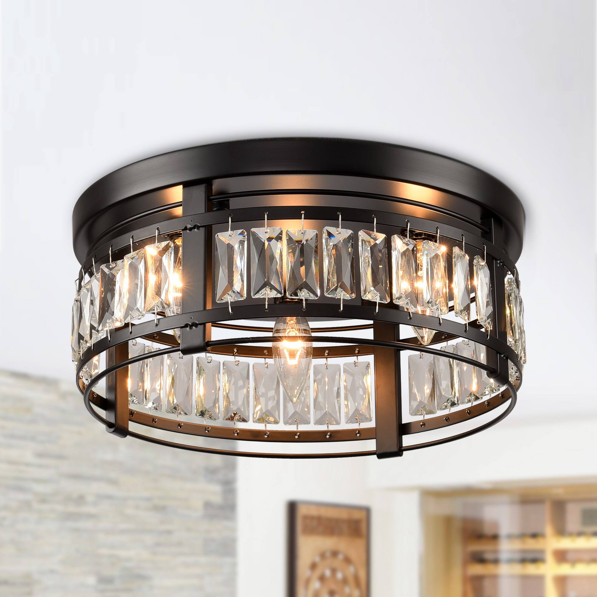Front. Parrot Uncle - 13.3" Modern Black 3-Light Crystal Hallway Flush Mount Chandelier - Black.