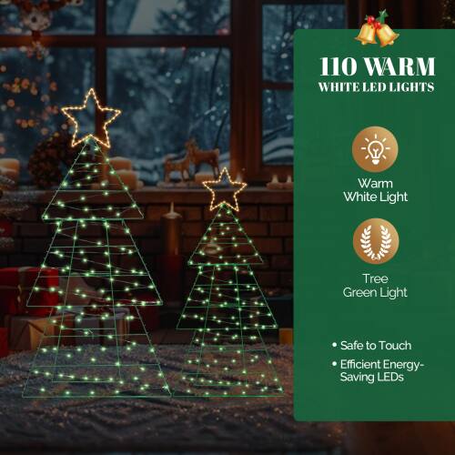 110 Warm White LED Lights  
Warm White Light Tree Green Light  
Safe to Touch  
Efficient Energy-Saving LEDs  

HO WARM WHITE LED LIGHTS  
Warm White Light  
Tree Green Light  
Safe to Touch  
Efficient Energy-Saving LEDs