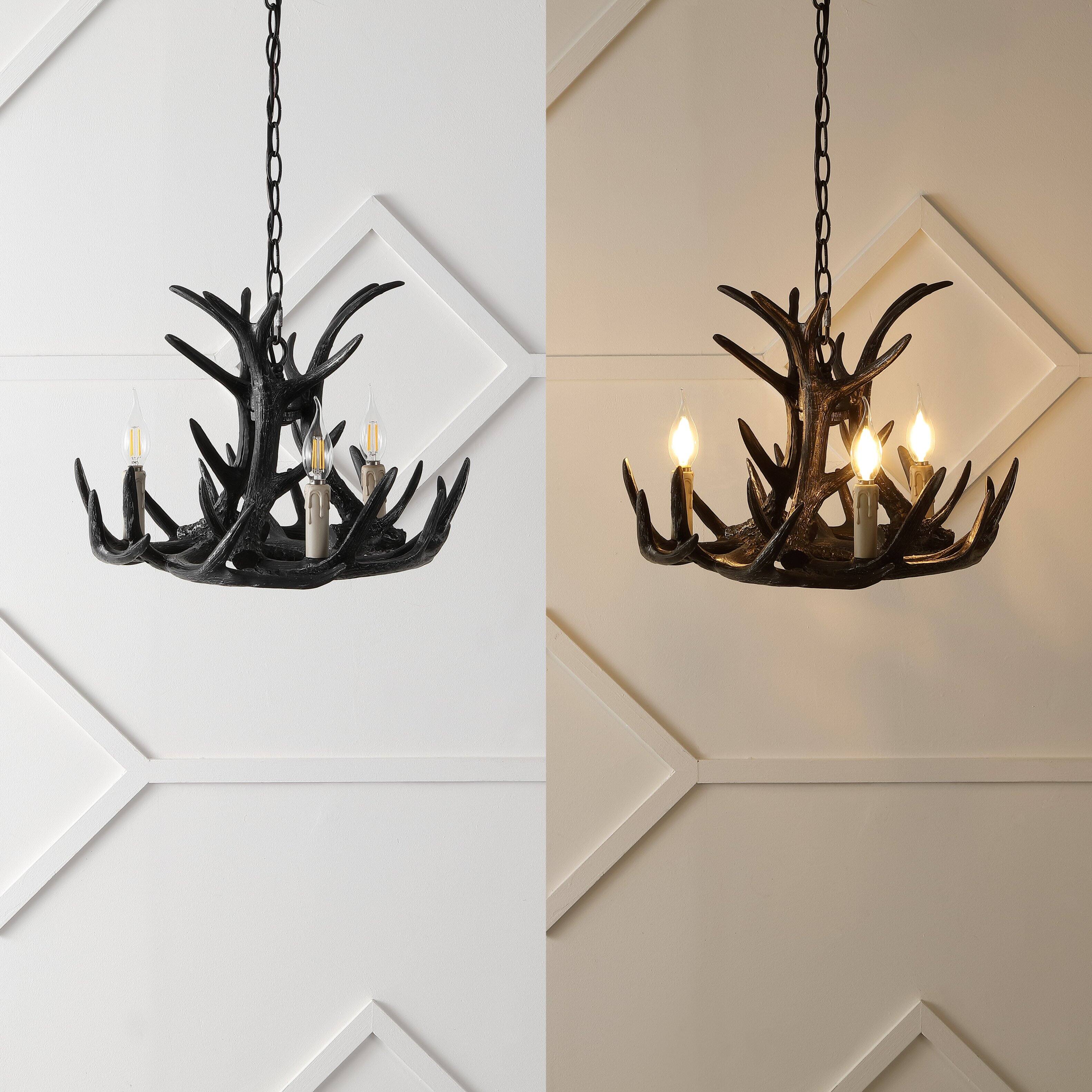 Alt View 4. Jonathan Y - Nelle 18" Adjustable Resin Antler 3-Light Dimmable LED Chandelier, Black - Black.