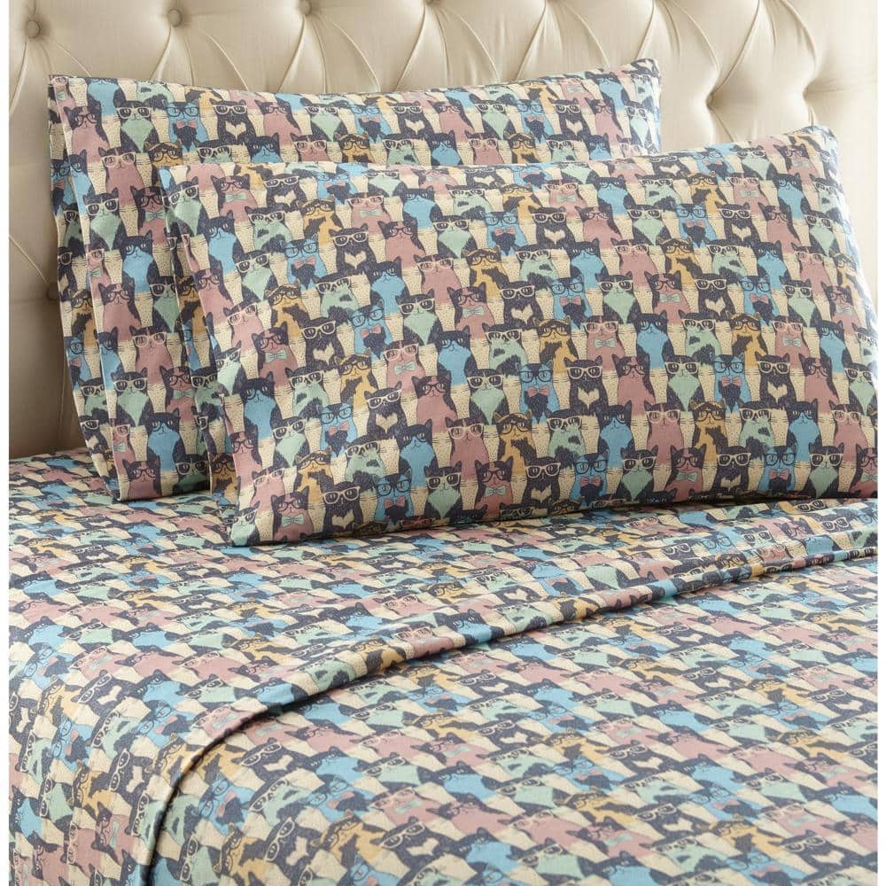 Shavel Home Products - Shavel Micro Flannel Printed Sheet Set - Cal King Flat/Fitted Sheet 108x110/84x72x18" 2-Pillowcase 21x40" - Kool kats