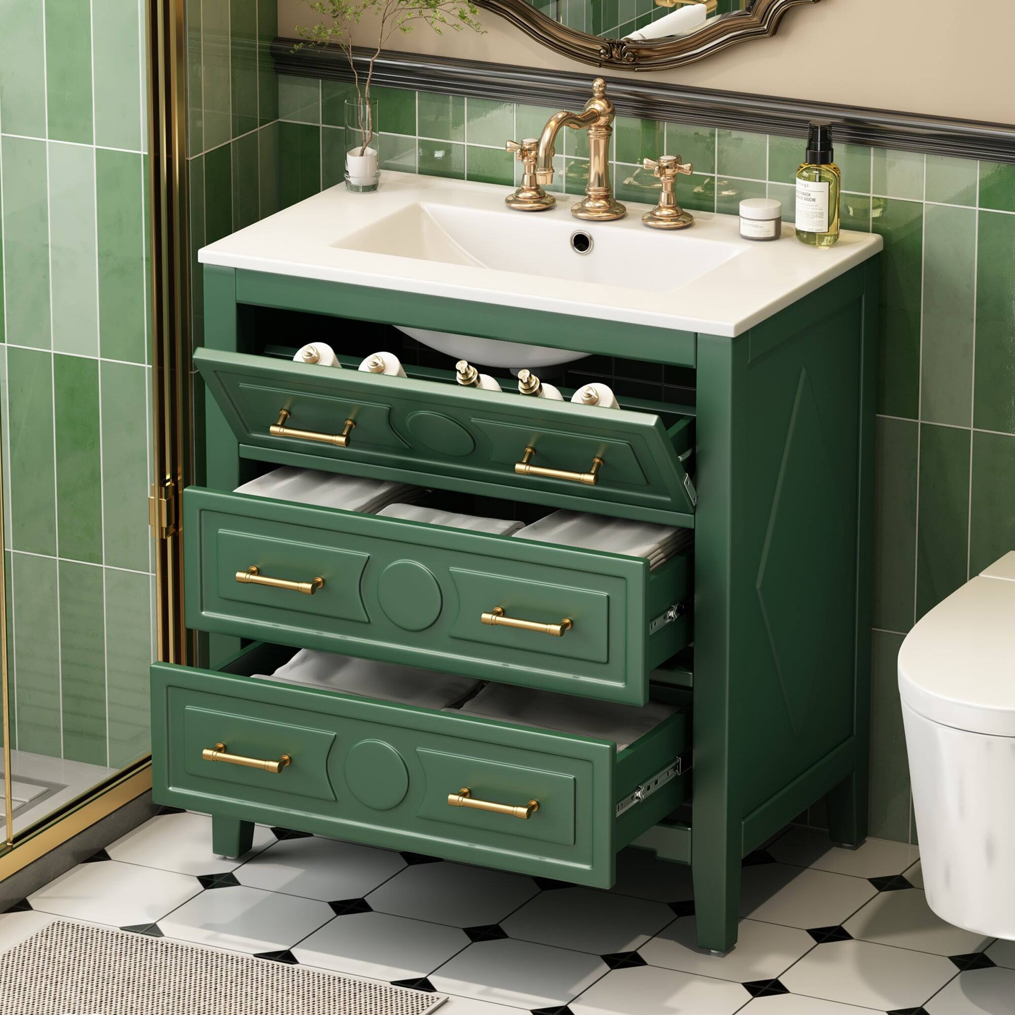 Alt View 5. Boyel Living - 30 Inch Retro Bathroom Vanity with Ceramic Sink and Three Drawers Green - Green.