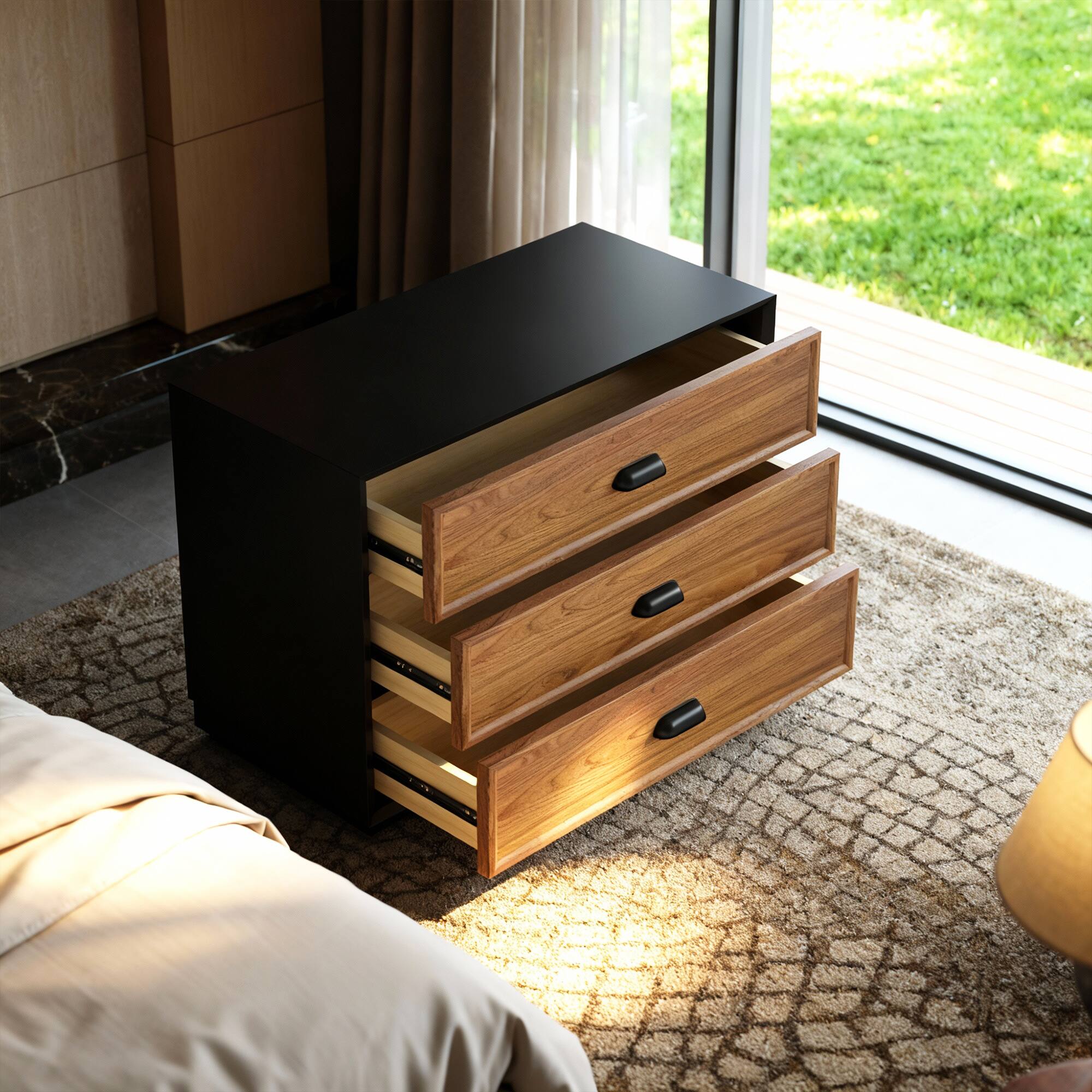 Alt View 2. luck idea - Mid-Century Modern 31.49" Solid Wood Nightstand with 3 Drawers, Bedside Table - Walnut Color.