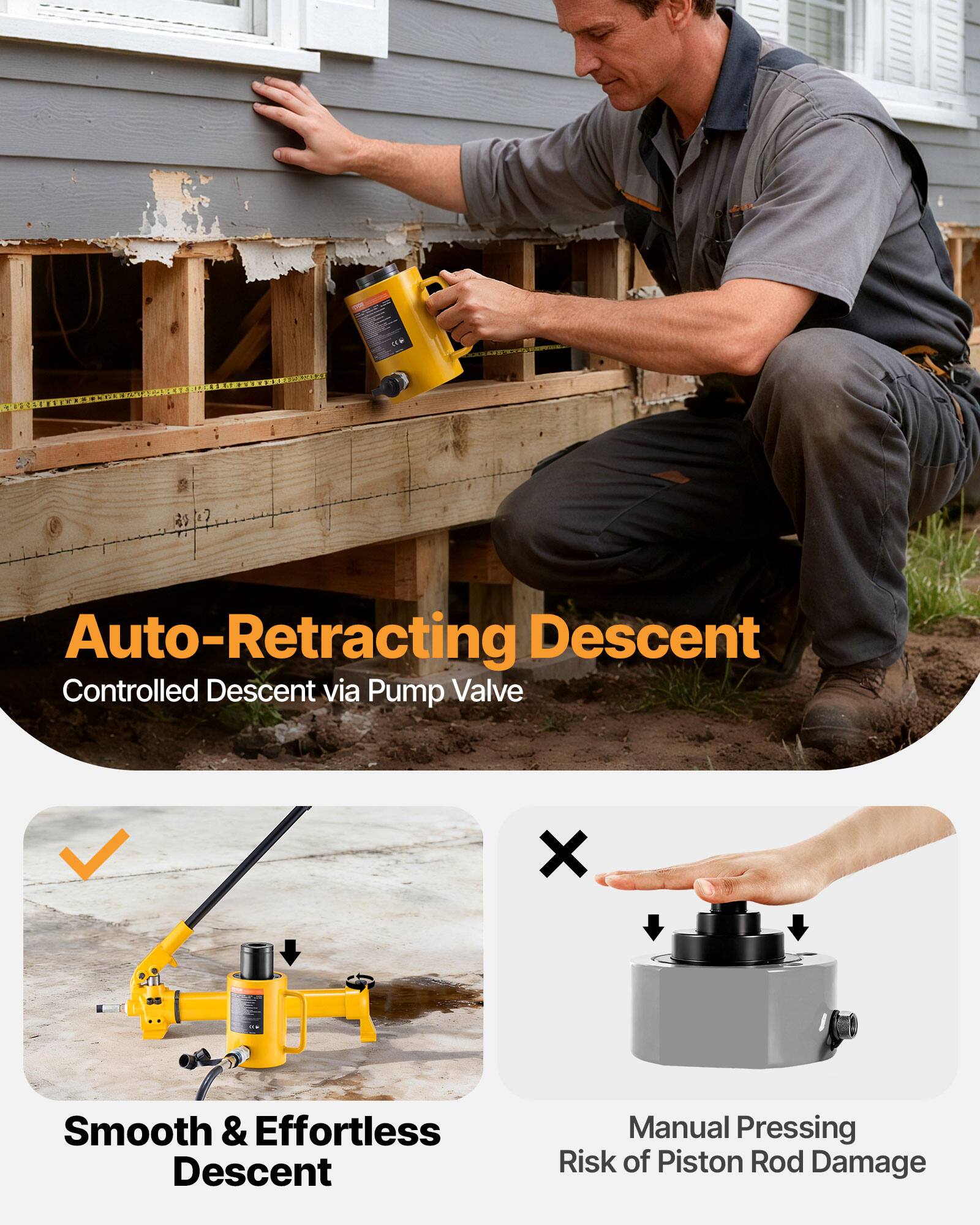 Auto-Retracting Descent  
Controlled Descent via Pump Valve  

Smooth & Effortless Descent  

Manual Pressing  
Risk of Piston Rod Damage
