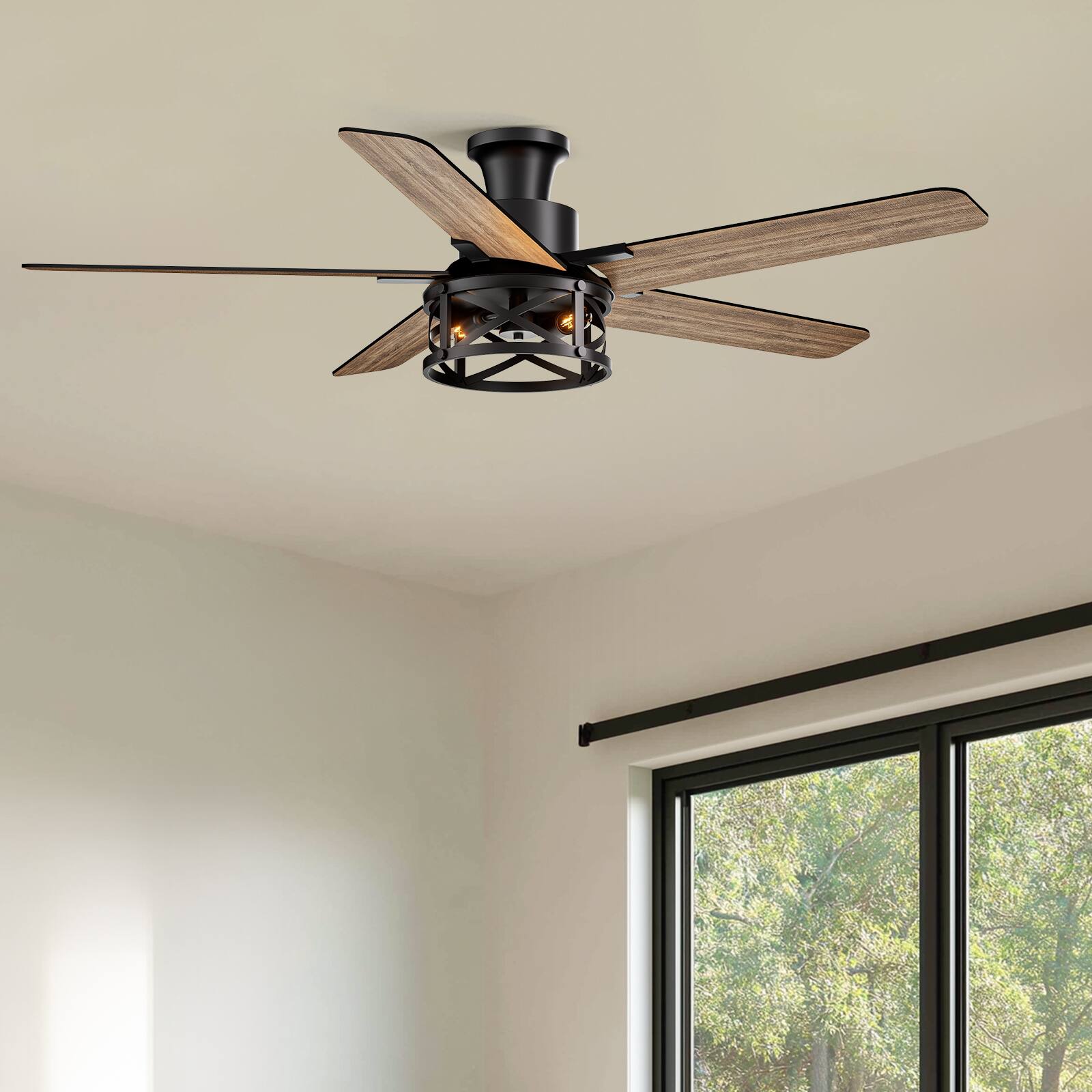Angle. Siljoy - 52-inch Modern Farmhouse Cage Flush Mount Fan with Light APP & Remote Control for Indoor Covered Patio - Matte Black.