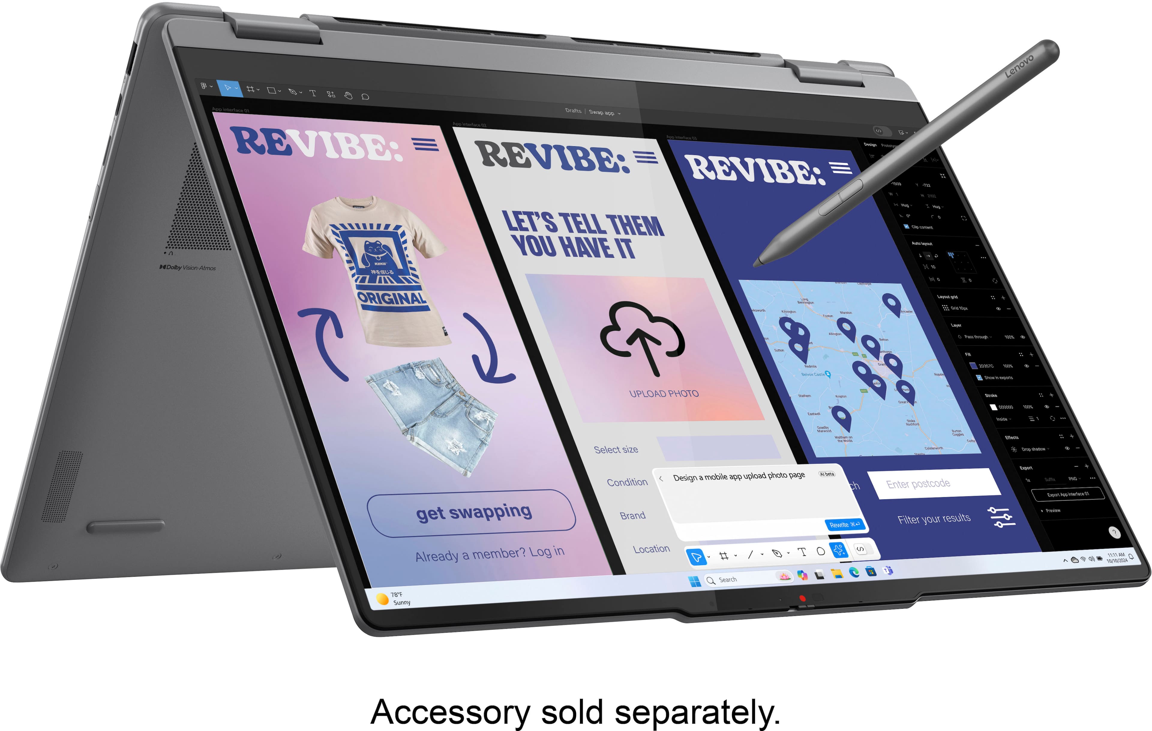 Sure, here is the corrected and grouped text from the image:
---
**REVIBE:**
**REVIBE:**
**REVIBE:**
**LET'S TELL THEM YOU HAVE IT**
**UPLOAD PHOTO**
**get swapping**
**Already a member? Log in**
**Design a mobile app upload photo page**
**Condition**
**Brand**
**Location**
**Enter postcode**
**Filter your results**
**Accessory sold separately.**
---
This text is organized based on the visible elements in the image.