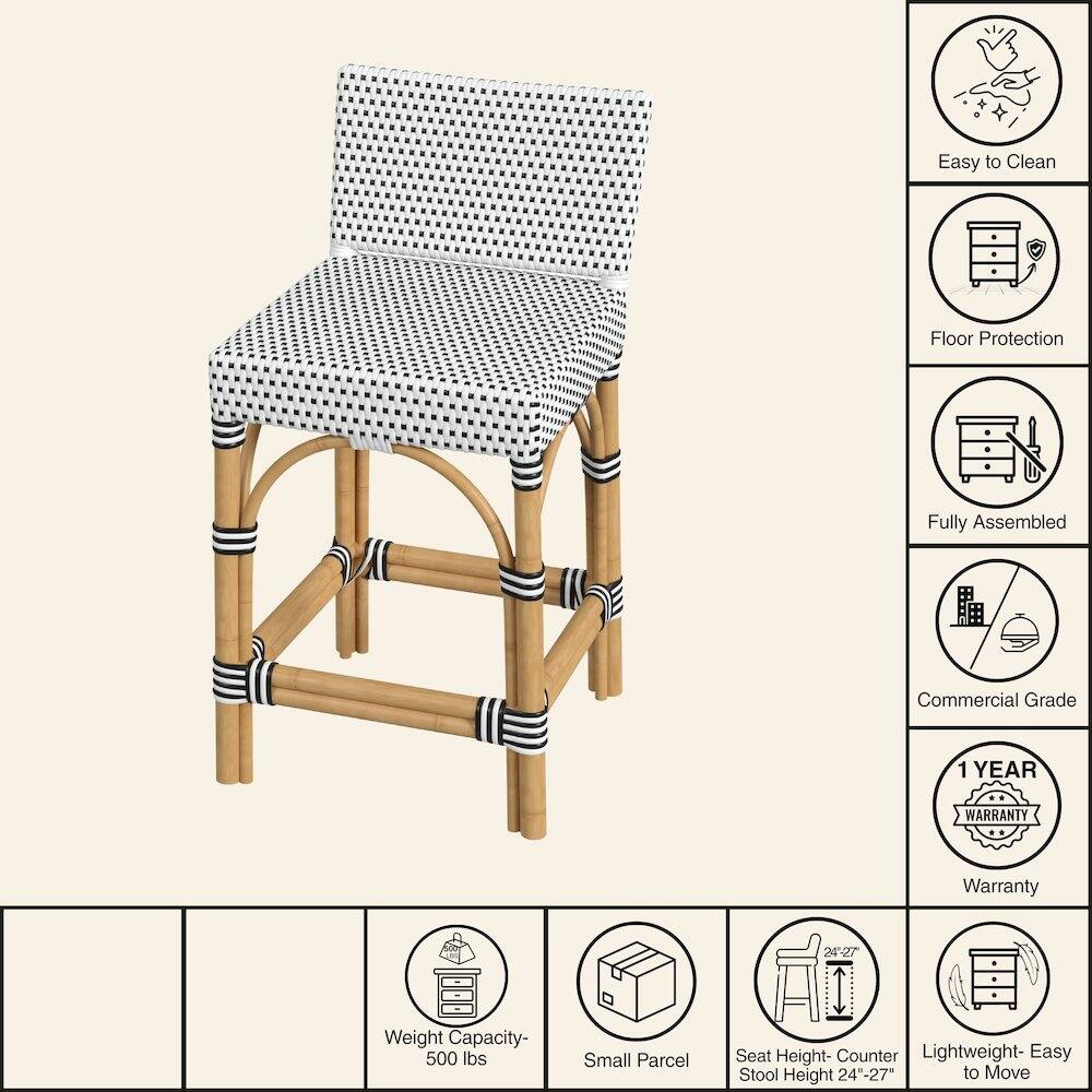 Easy to Clean  
Floor Protection  
Fully Assembled  
Commercial Grade  
1 YEAR WARRANTY  
Weight Capacity- 500 lbs  
Small Parcel  
Seat Height- Counter Stool Height 24"-27"  
Lightweight- Easy to Move