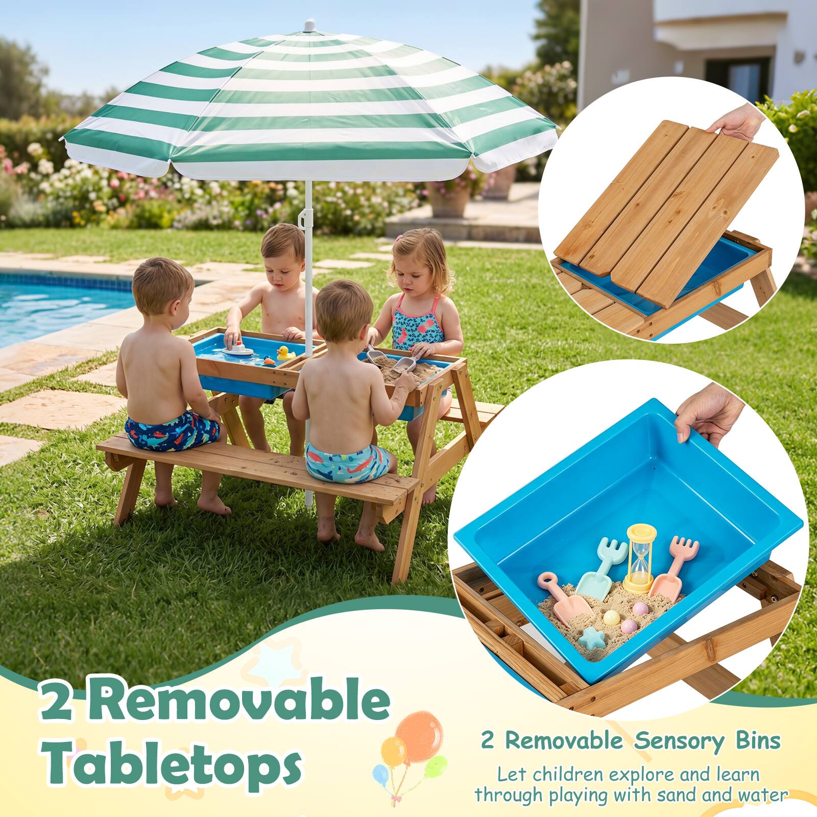 2 Removable Tabletops

2 Removable Sensory Bins

Let children explore and learn through playing with sand and water