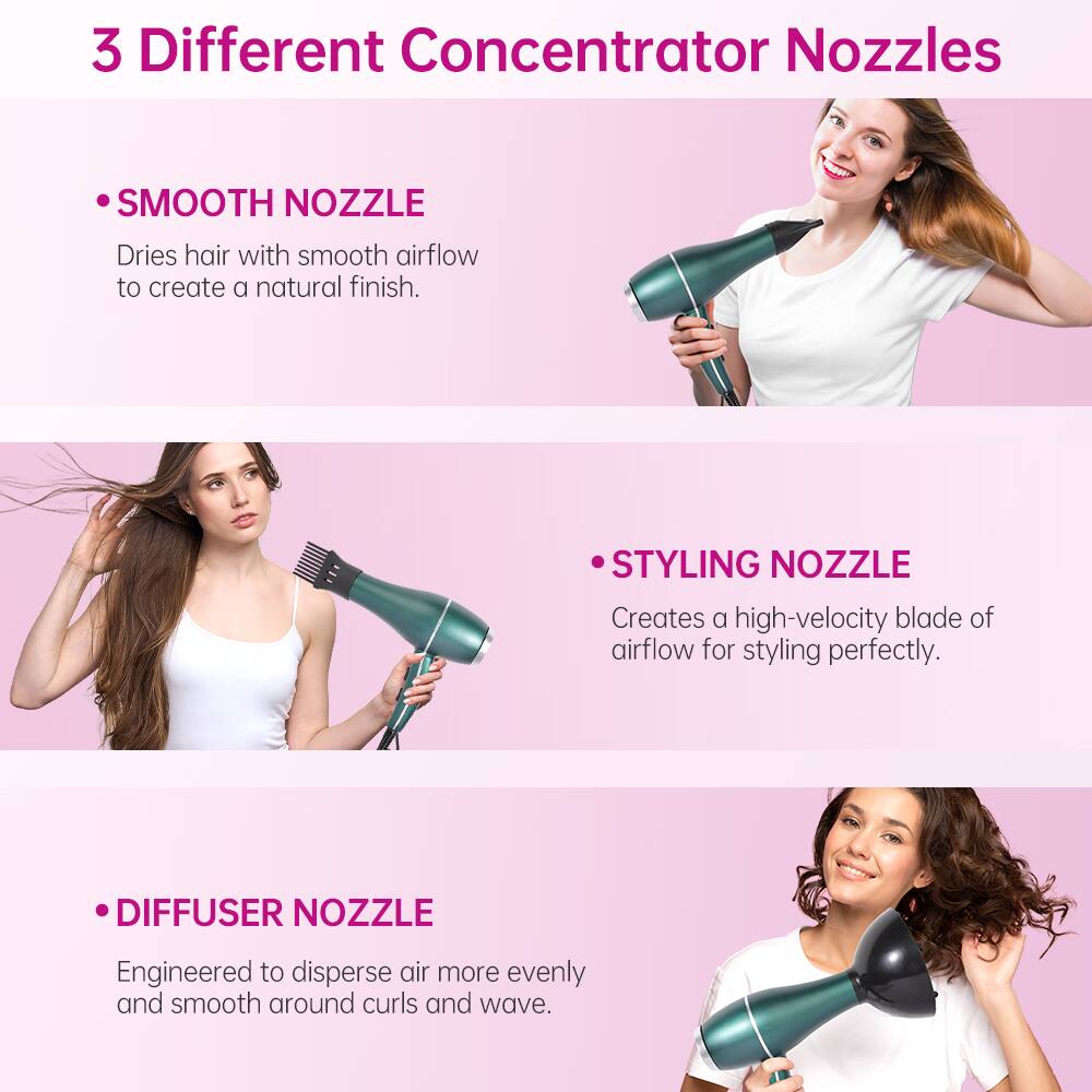 3 Different Concentrator Nozzles

- **SMOOTH NOZZLE**
  Dries hair with smooth airflow to create a natural finish.

- **STYLING NOZZLE**
  Creates a high-velocity blade of airflow for styling perfectly.

- **DIFFUSER NOZZLE**
  Engineered to disperse air more evenly and smooth around curls and waves.