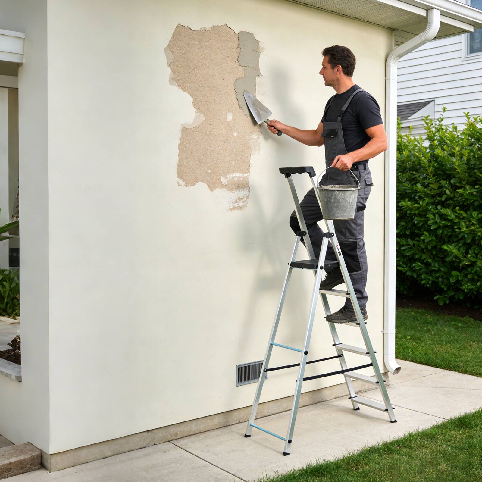 Left. AENKYO - 5-Step Portable Folding Steel Ladder with Anti-slip Wide Step Handrail, 330lbs Capacity - Silver.