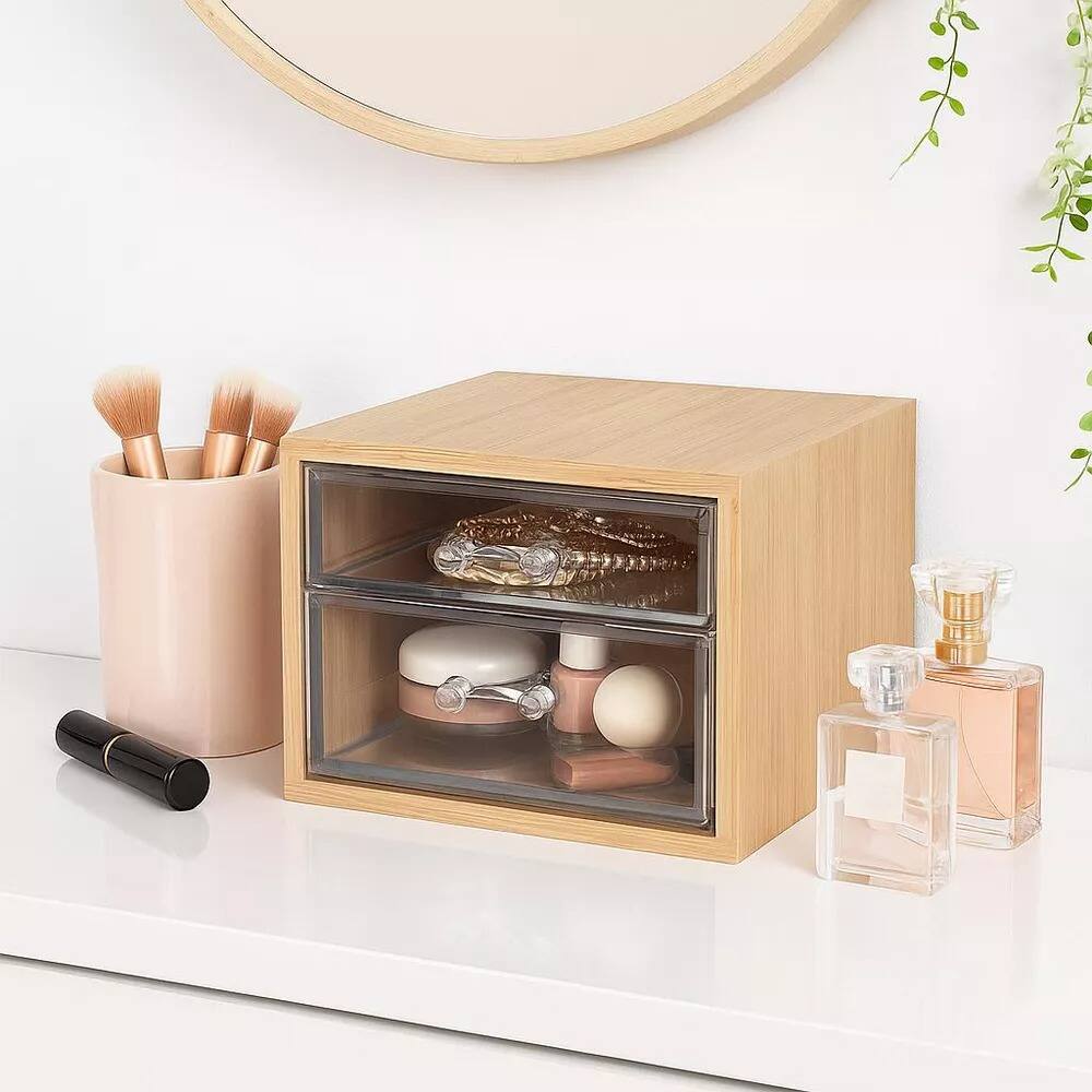 Angle. Elle - Acrylic Organizer with Bamboo Lid, Clear 3‑Compartment Makeup & Jewelry Storage Box, Nonslip Cosmetics & Skincare Holder - Clear/Natural Bamboo.