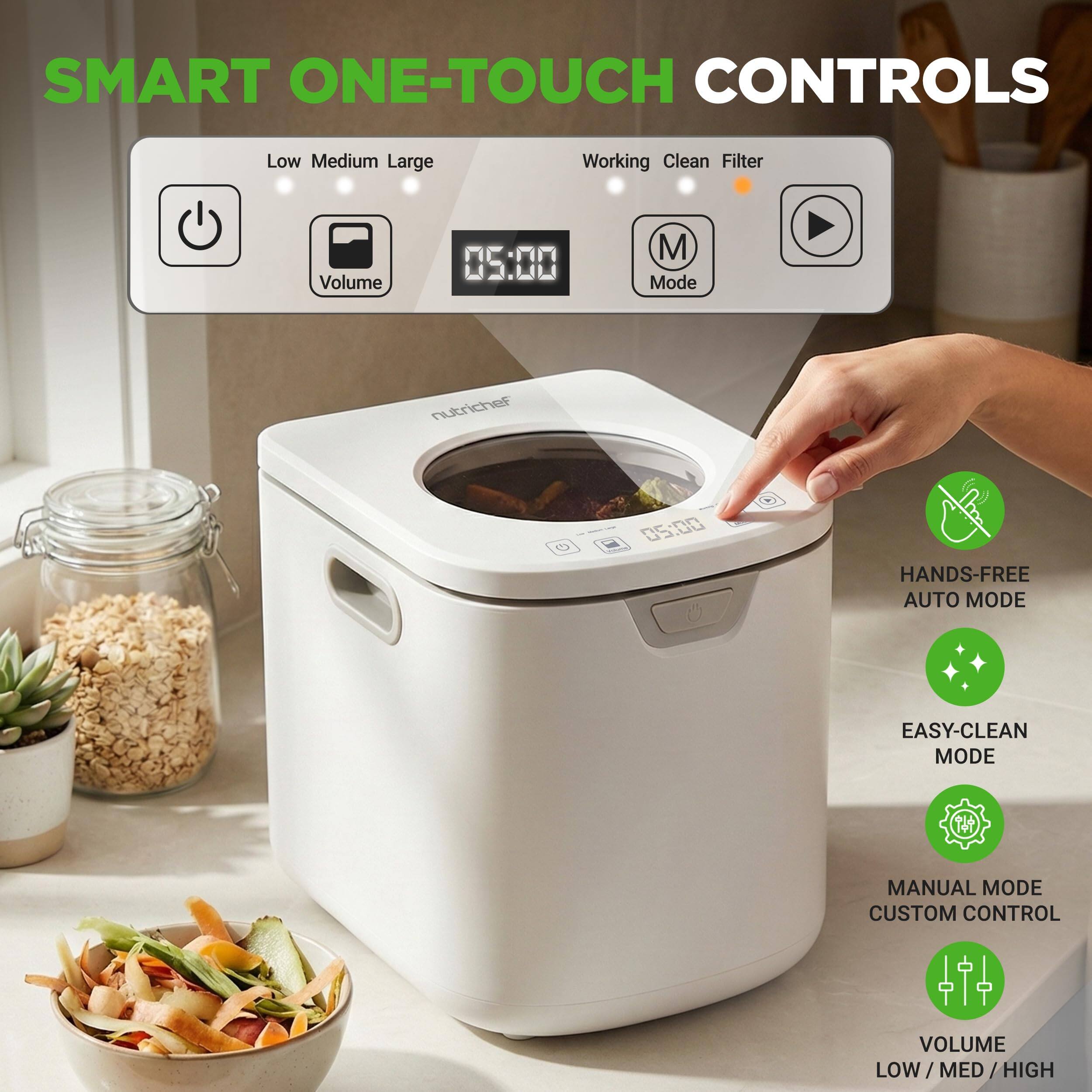 SMART ONE-TOUCH CONTROLS

Low Medium Large  
Working Clean Filter  
Volume 05:00  
Mode  

HANDS-FREE AUTO MODE  
EASY-CLEAN MODE  
MANUAL MODE CUSTOM CONTROL  
VOLUME LOW / MED / HIGH