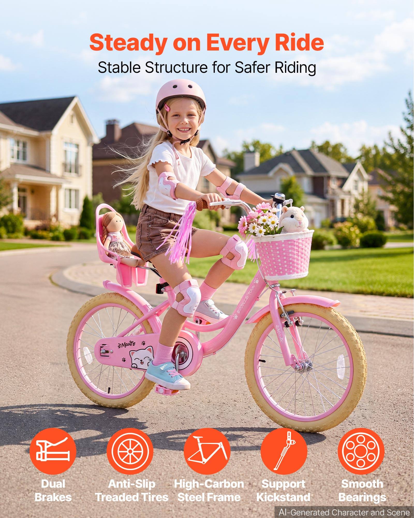 Steady on Every Ride  
Stable Structure for Safer Riding

TOUN BLOVELS

Dual Anti-Slip High-Carbon Support Smooth Brakes Treaded Tires Steel Frame Kickstand Bearings

AI-Generated Character and Scene