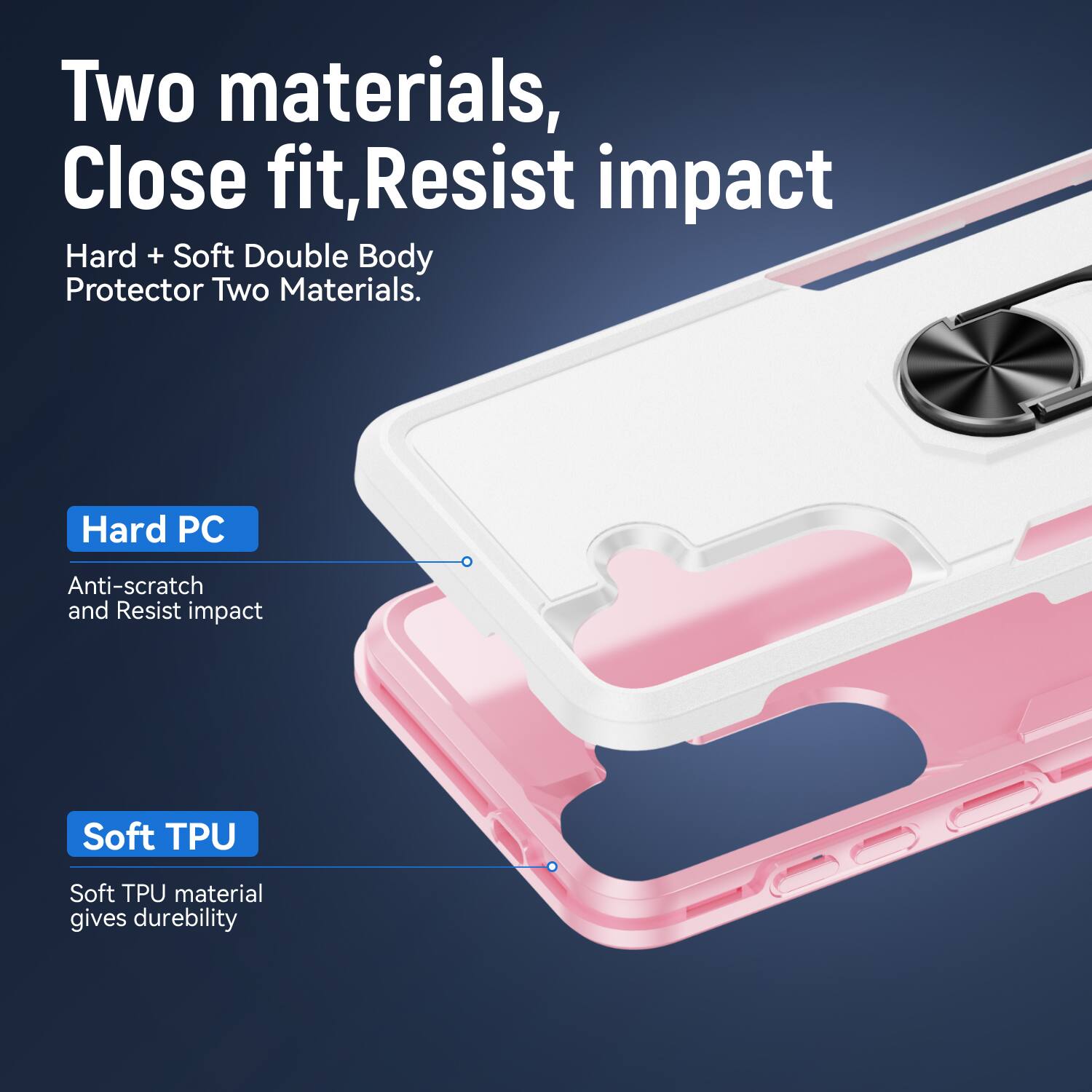 Two materials, Close fit, Resist impact  
Hard + Soft Double Body Protector Two Materials.  
Hard PC  
Anti-scratch and Resist impact  
Soft TPU  
Soft TPU material gives durability