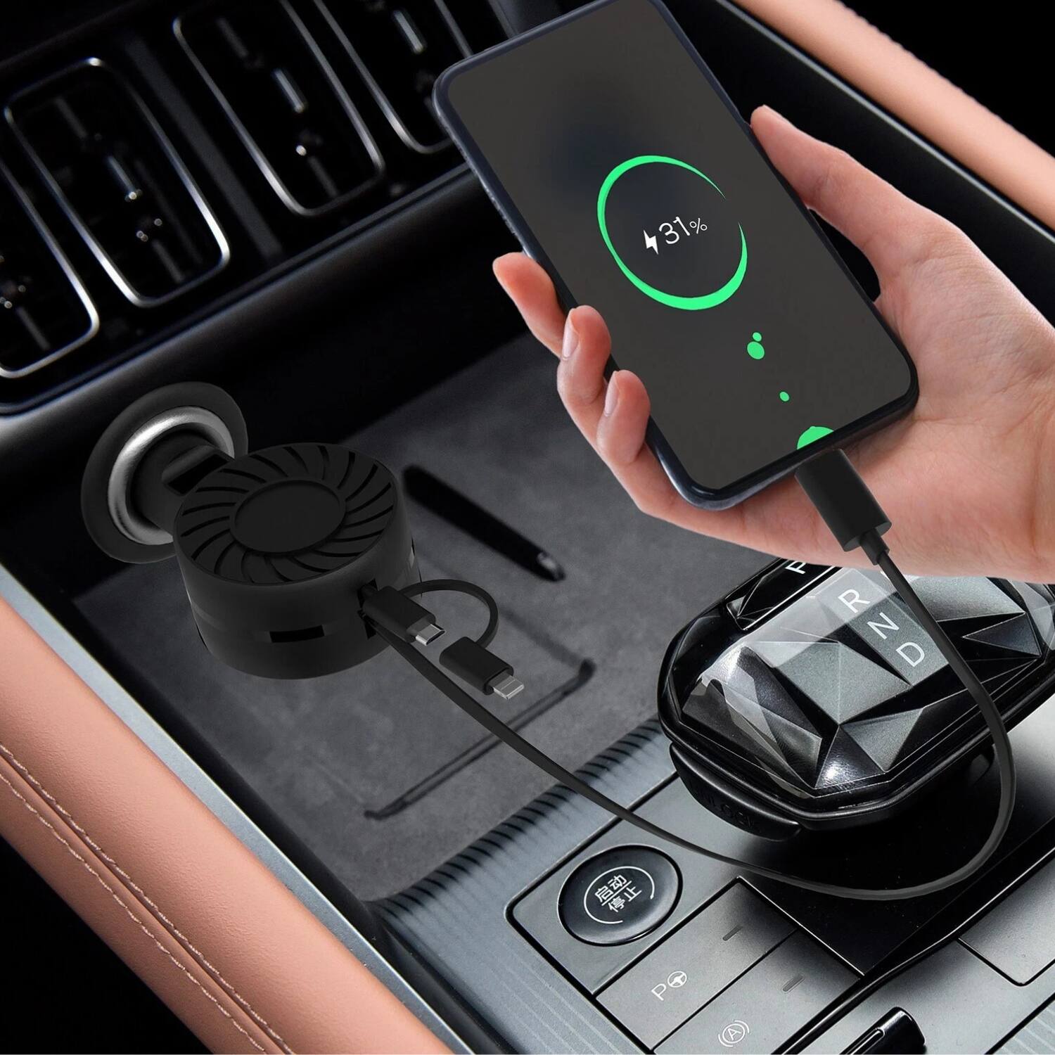 Back. Stock Preferred - 3-in-1 Retractable Car Charger with USB Type-C - Black.