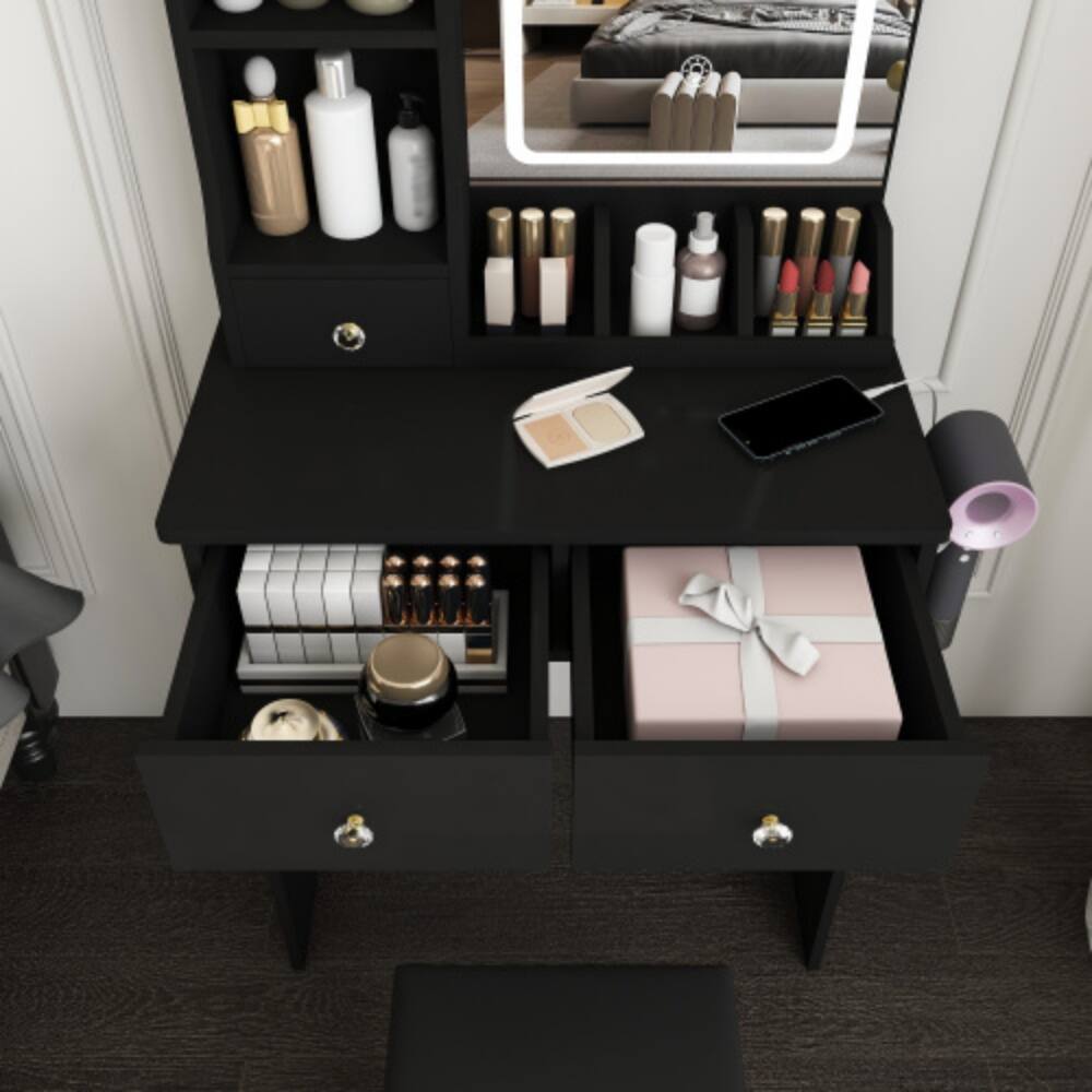 Alt View 3. LUCKY ONE - Small Vanity Desk with 3-Mode LED Mirror, 3 Drawers, Open Shelves, Power Socket and Chair - Black.