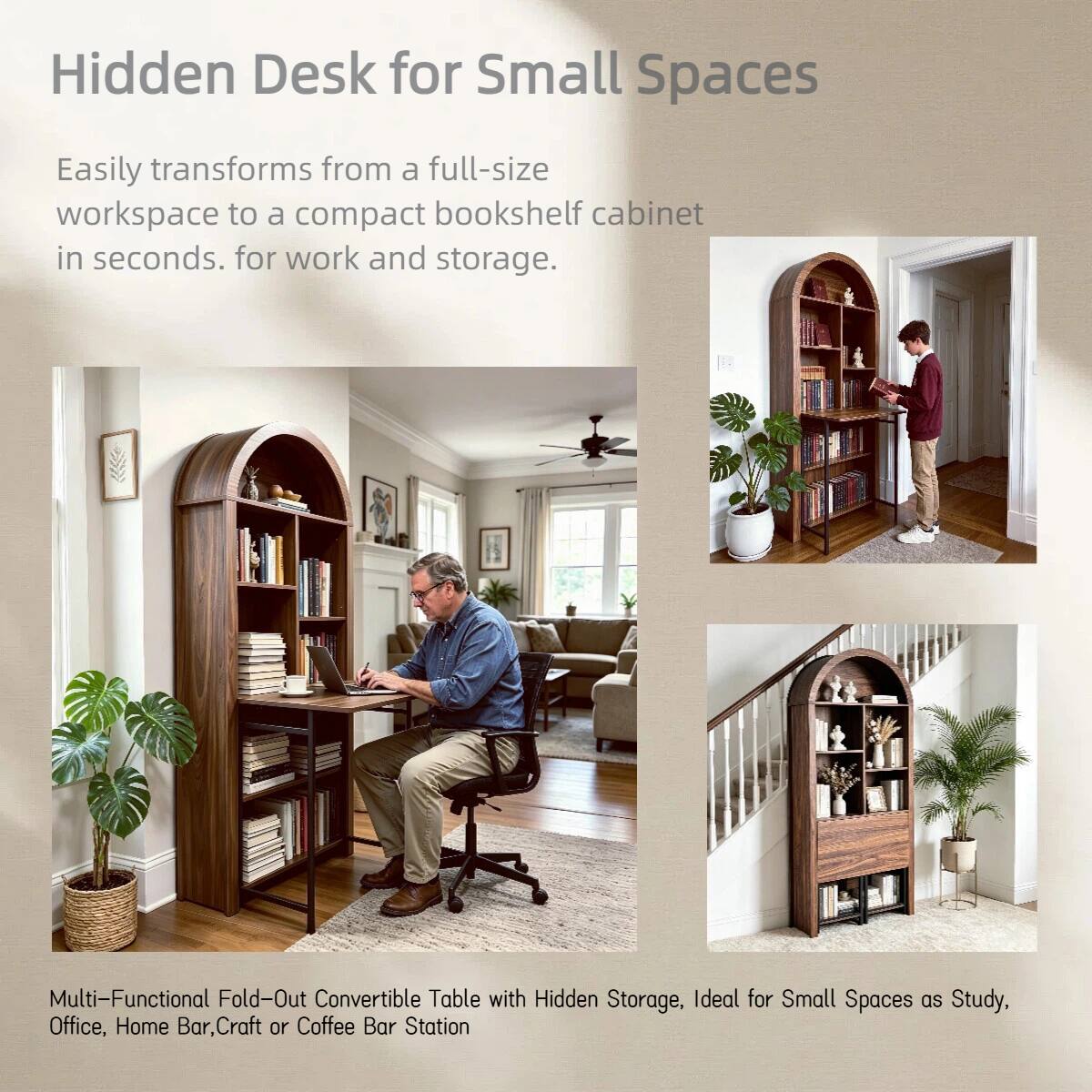 Hidden Desk for Small Spaces

Easily transforms from a full-size workspace to a compact bookshelf cabinet in seconds. for work and storage.

Multi-Functional Fold-Out Convertible Table with Hidden Storage, Ideal for Small Spaces as Study, Office, Home Bar, Craft or Coffee Bar Station