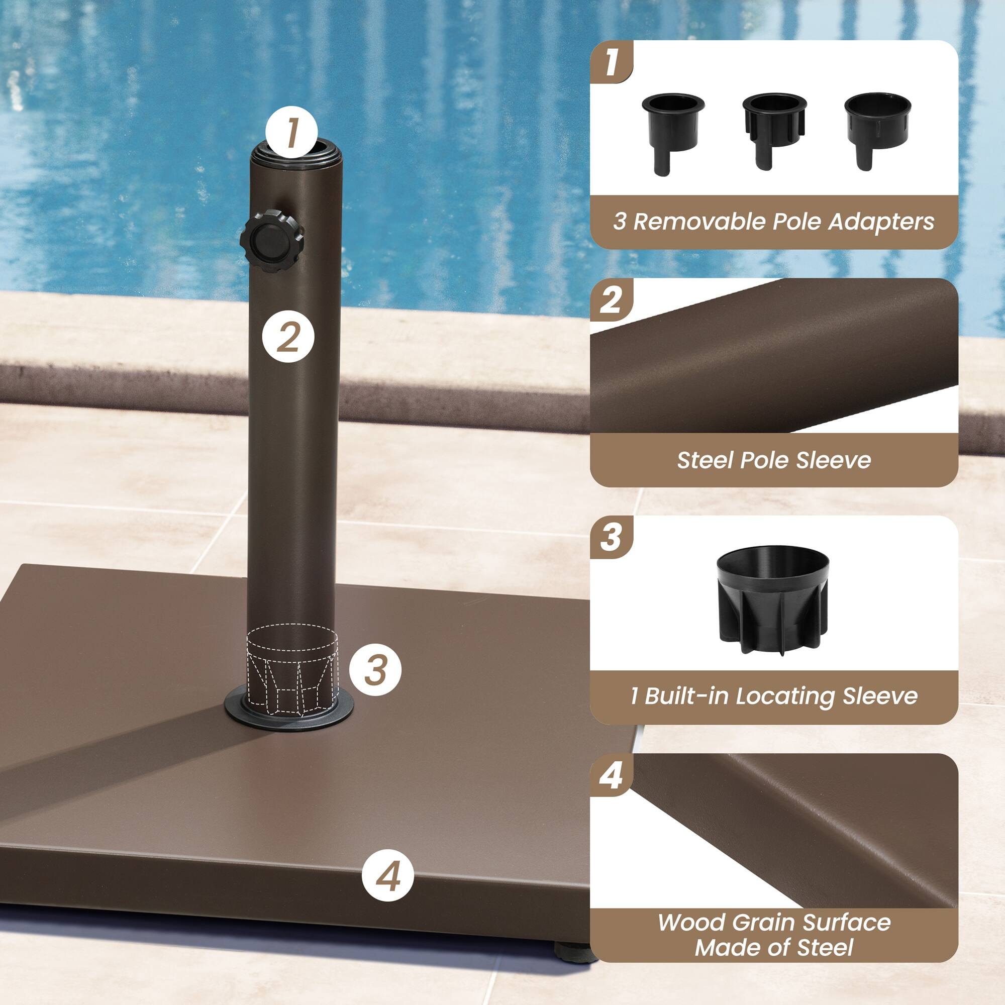 1. 3 Removable Pole Adapters  
2. Steel Pole Sleeve  
3. 1 Built-in Locating Sleeve  
4. Wood Grain Surface Made of Steel
