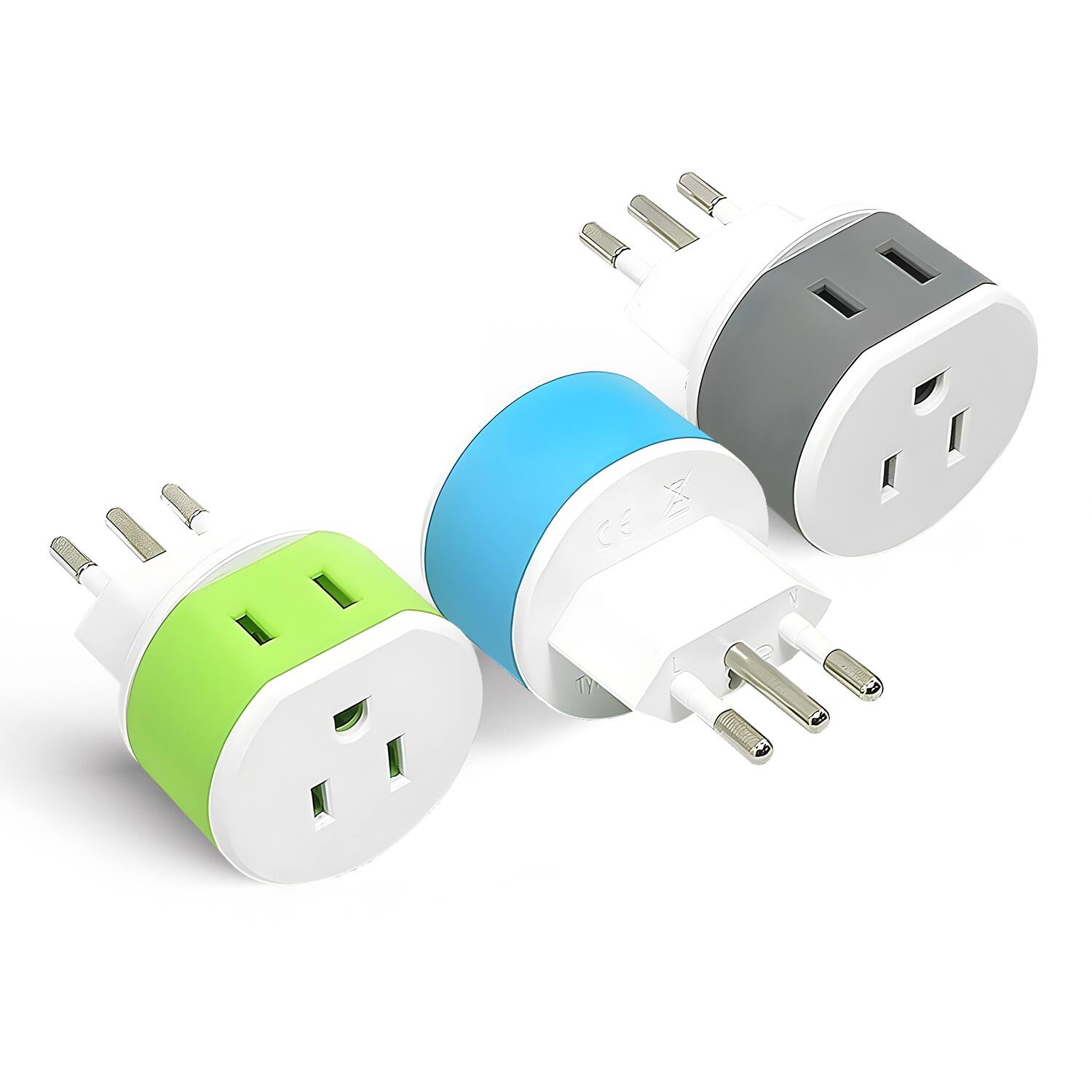 Front. Orei - OREI Italy & Uruguay Plug Adapter (Type L) – 2 USA Inputs – 3 Pack – Compact Adapter for Phones, Laptops & More - Multi-Colour.