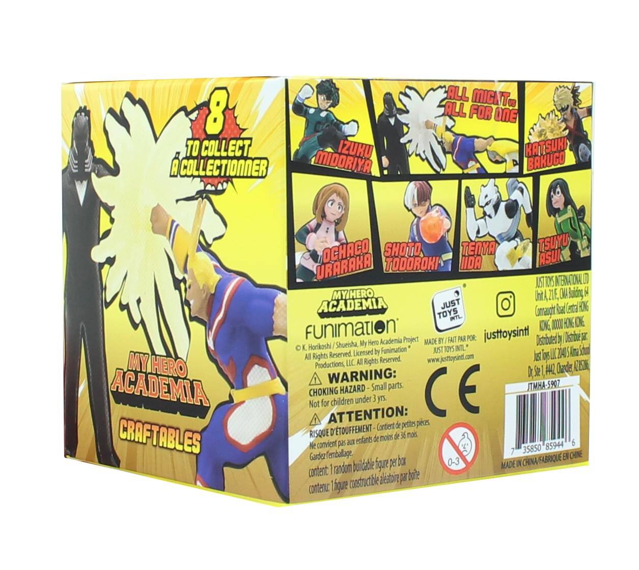 8 TO COLLECT  
A COLLECTIONNER  

IZUKU MIDORIYA  
ALL MIGHT  
ALL FOR ONE  
KATSUKI BAKUGO  
OCHACO URARAKA  
SHOTO TODOROKI  
TENYA TSUYU  
ASUI  
NIDA  
TOYS INTERNATIONAL  

MY HERO ACADEMIA  
CRAFTABLES  

FUNIMATION  
© K. Horikoshi  
All Rights Reserved.  
Licensed by Funimation  

MADE BY:  
JUST TOYS INTL  
www.justtoysintl.com  

WARNING:  
CHOKING HAZARD - Small parts.  
Not for children under 3 yrs.  

ATTENTION:  
RISQUE DE CHOKING - Contient de petites pièces.  
Ne convient pas aux enfants de moins de 3 ans.  

MADE IN CHINA / FABRIQUÉ EN CHINE  

1 random buildable figure per box.  
1 figure constructible aléatoire par boîte.  

CE  
JTMHA-5907  
35850 85944