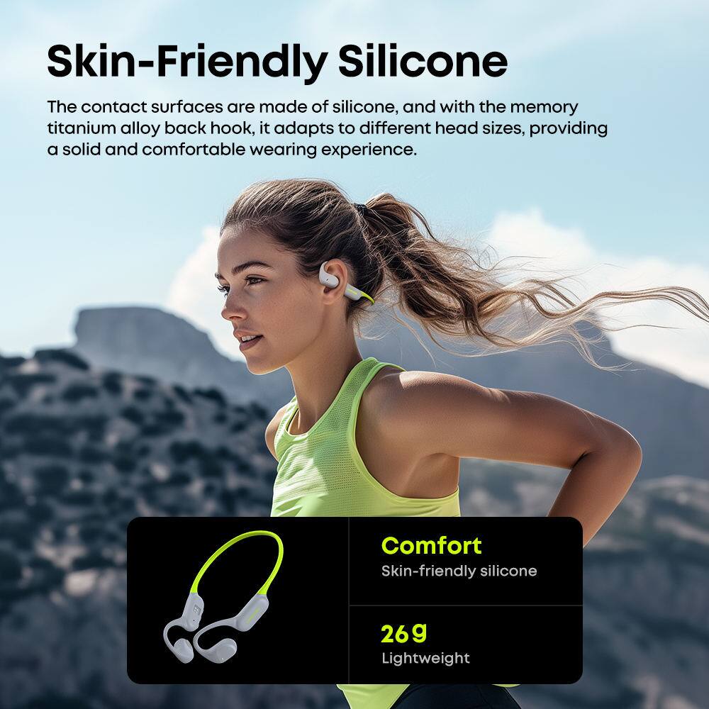 Skin-Friendly Silicone

The contact surfaces are made of silicone, and with the memory titanium alloy back hook, it adapts to different head sizes, providing a solid and comfortable wearing experience.

Comfort
Skin-friendly silicone

26g
Lightweight
